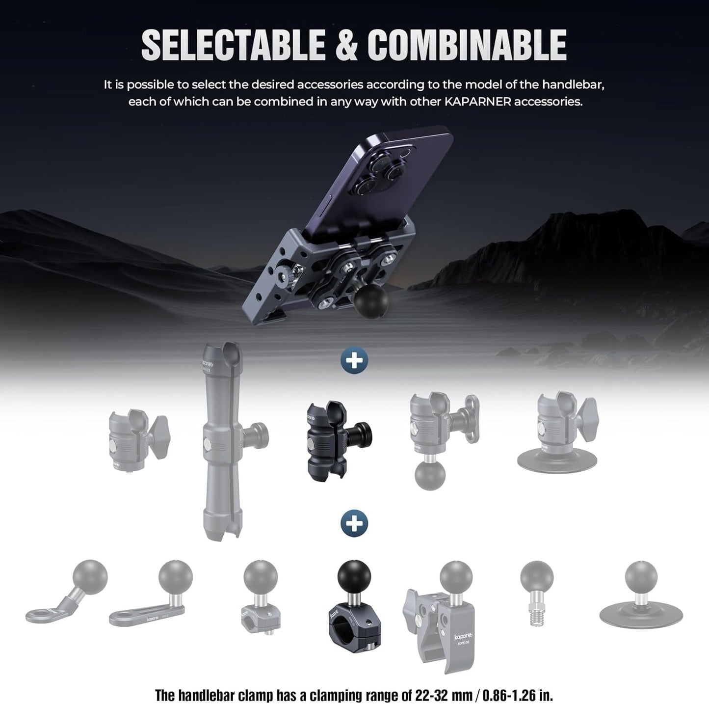 Motorcycle Phone Mount Kit, Anti-Theft Dual Socket Arm, 360° Rotate Phone Clip and Aluminum Handlebar Clamp Mount U-Bolt Base for Bike/ATV/Scooter Handlebar for 5.5-7" Smartphone (KPS-19)"