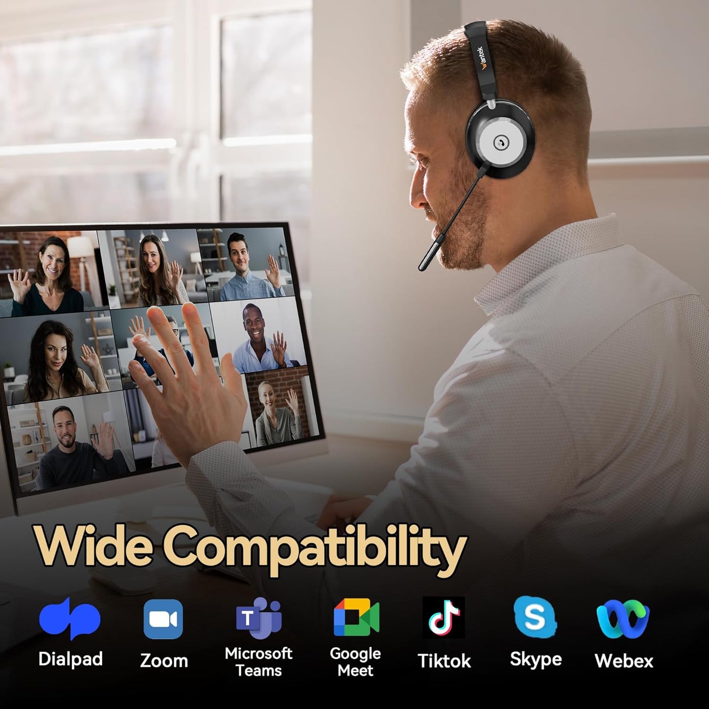 Wireless Headset with Mic for Work,Bluetooth Headphone with Noise Cancelling Microphone,2.4G USB Dongle & Mic Mute for Laptop/Computer/Cell Phones/Office/Remote Work/Call Center/Zoom/Teams/Skype