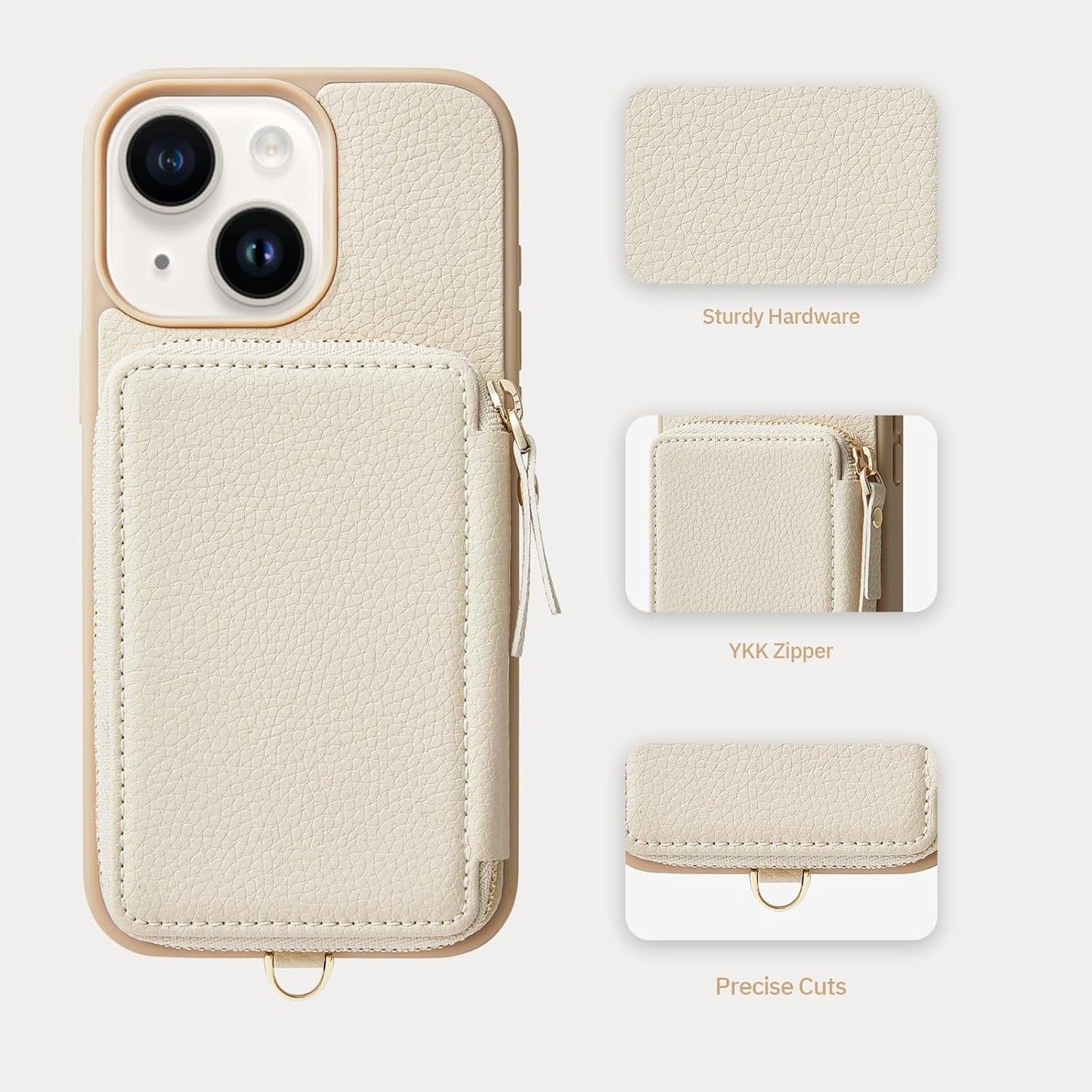 ZVE Wallet Case for iPhone 15, Phone Case with Card Holder Wrist Strap Compatible iPhone 15, RFID Blocking Zipper Leather Gift Cover for Women for iPhone 15, 6.1"(2023) - Beige"