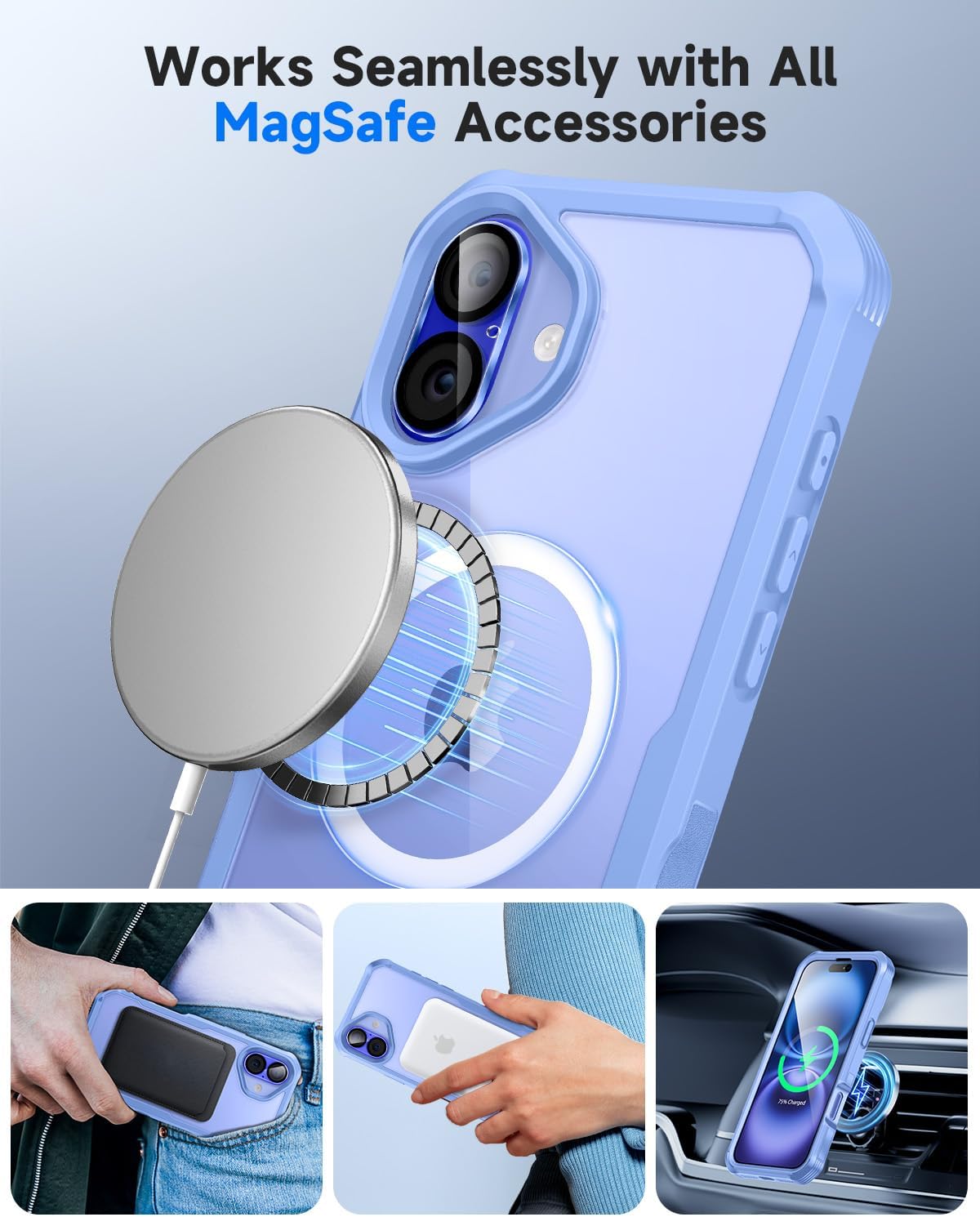 seacosmo for iPhone 16 Plus Case, Full Body Bumper with Built-in 9H Tempered Glass Privacy Screen Protector and Camera Lens Protector, Compatible with MagSafe, Shockproof Phone Cover, 6.7", Light Blue
