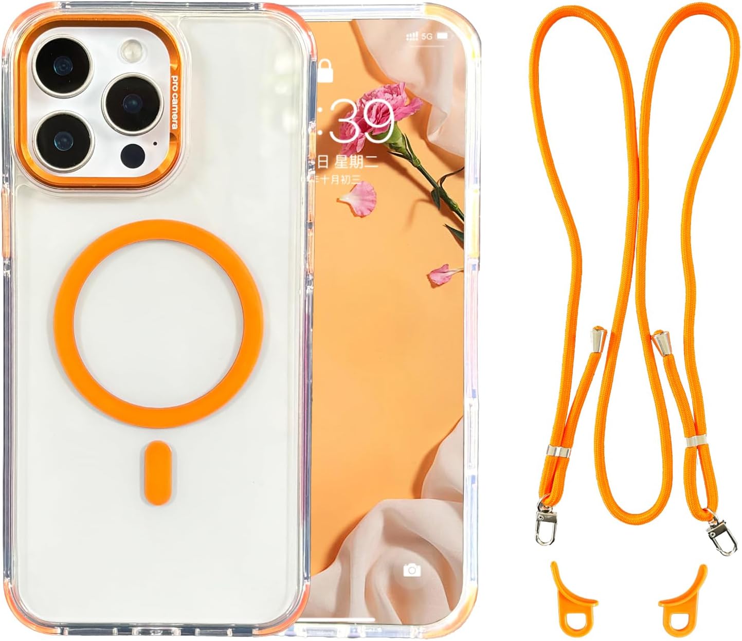 for iPhone 15 Pro Max Case with Phone Lanyard Strap, Compatible with MagSafe, Shockproof Military-Grade Protection, Non-Yellowing, Around The Neck Magnetic Classic Hybrid Case, Clear Orange