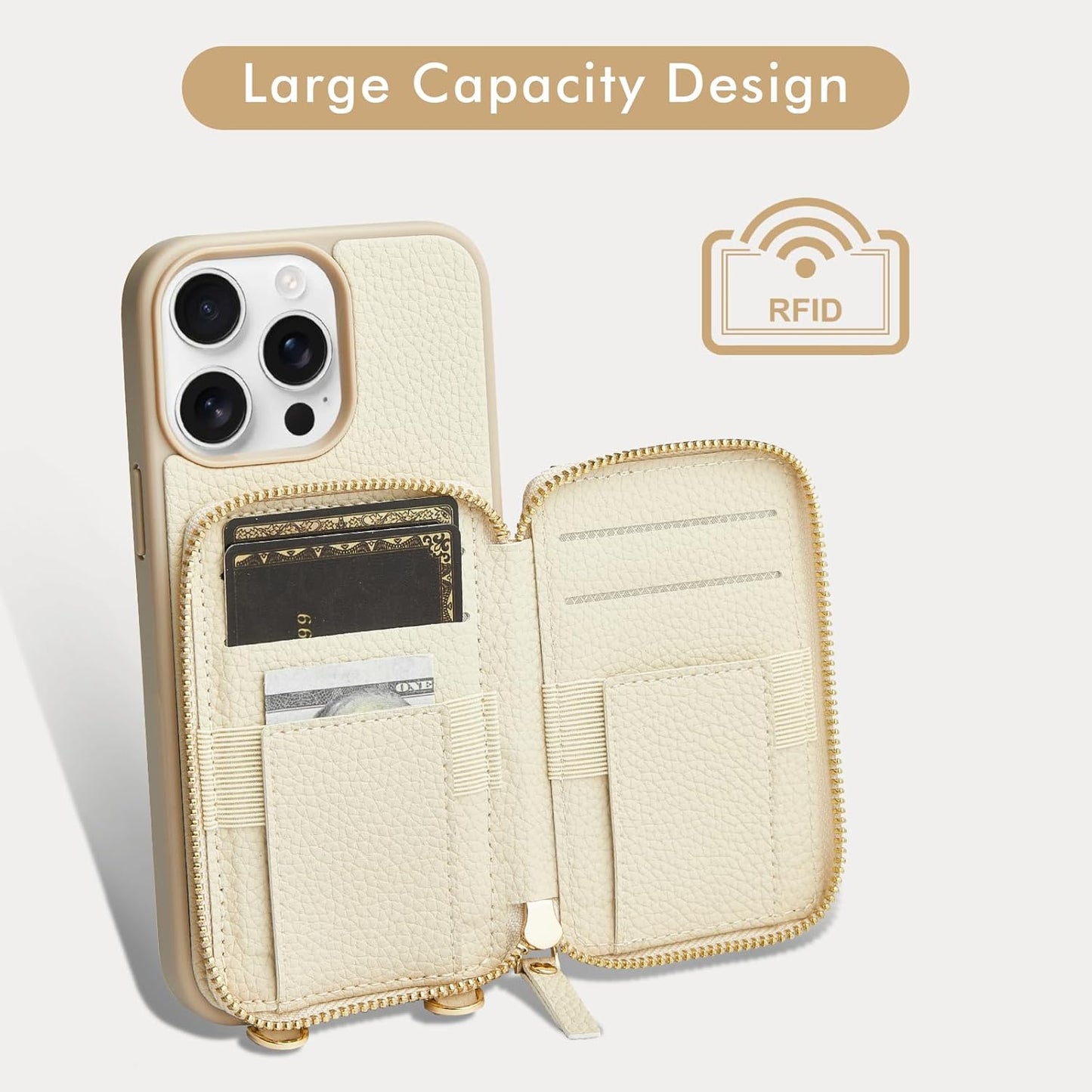 LAMEEKU for iPhone 14 Pro Max Wallet Case with Card Holder, Zipper Leather Crossbody Case with Kickstand Lanyard for Women, Cover with Phone Grip Holder Stand for Apple iPhone 14 Pro Max 6.7" Beige"
