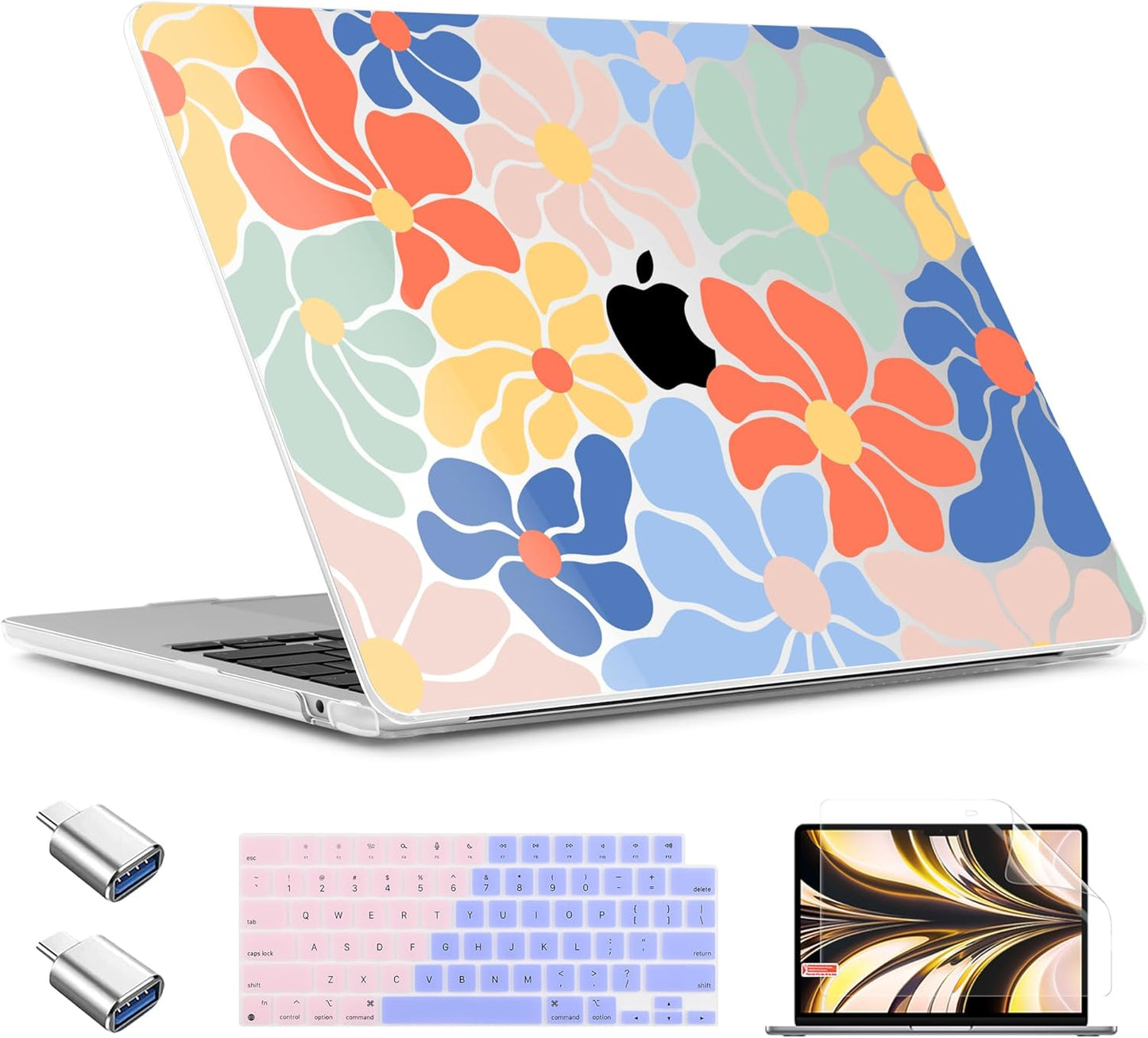 TWOLSKOO Compatible with M4 MacBook Air 15 inch Case 2025-2023 Released Model M4 A3241 M3 A3114 M2 A2941, Plastic Hard Shell & Screen Protector & Keyboard Cover & Type C Adapter, Chamomile Blue