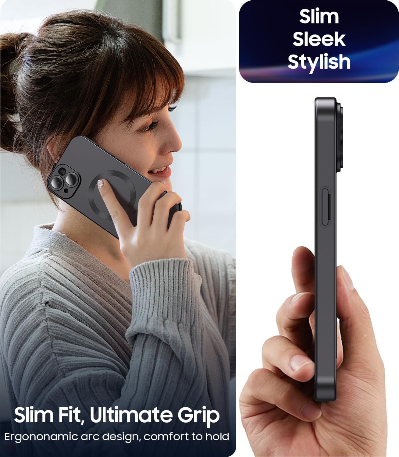 Magnetic for iPhone 14 Case [Compatible with MagSafe][Built-in Camera Lens Protector] Slim Soft Silicone Bumper Shockproof Metallic Luster Phone Case (Black)