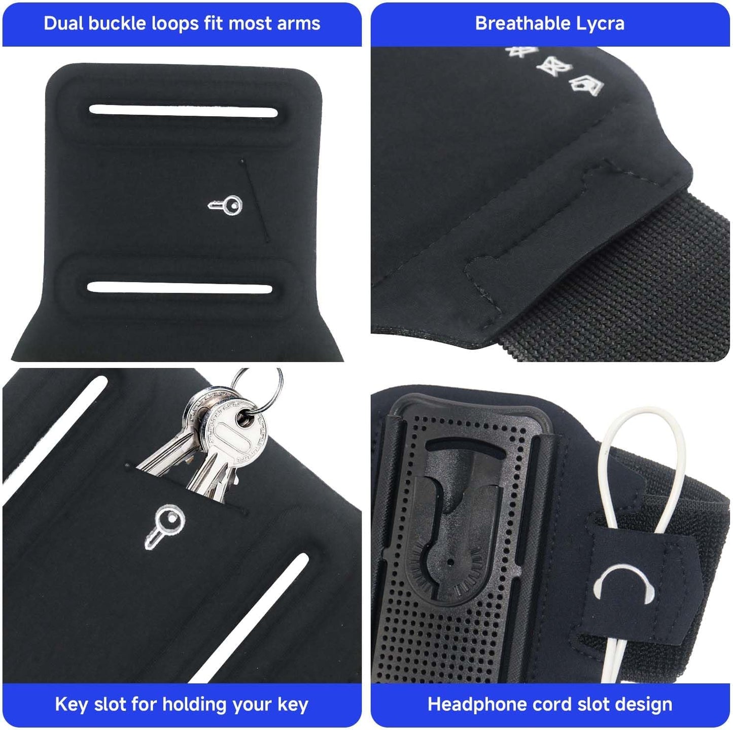 Wristband Phone Holder for Running, 360°Rotation & Detachable Sports Armband with Key Holder for iPhone 16/15/14/13/12/Pro/Pro Max/XS/XR/X/8/7/6/Plus, Fits 4.5-7 Inch Smartphones (Blue)