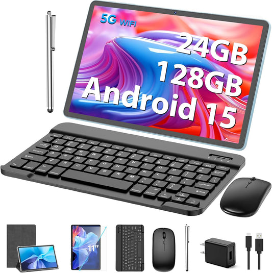 Android Tablet, 11 inch Android 15 Tablet with Keyboard, 24GB+128GB, 1TB Expand, 8000mAh, 5MP+13MP, 2.4G&5G WiFi, IPS Touch Screen, GMS Certified, 2 in 1 Tablets with Case, Mouse, Stylus(Silver)