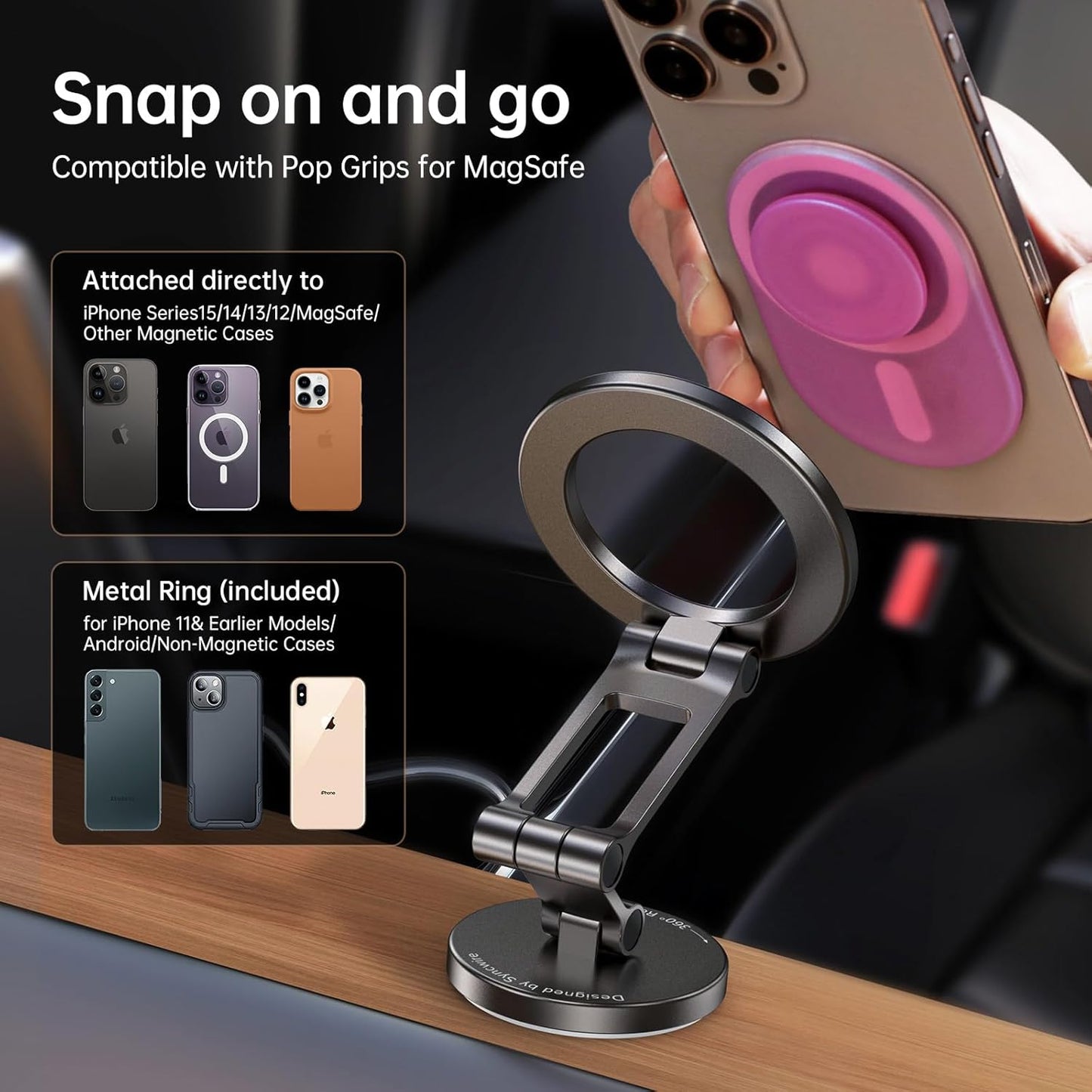 Syncwire Fits MagSafe Car Mount for Car Dash&Tesla Screen[All-Metal] Magnetic Phone Holder, [Flexible Three-axis]360° Rotation Car Mount Strong Magnets Car Phone Holder for iPhone 16 15 14 13 Pro Max