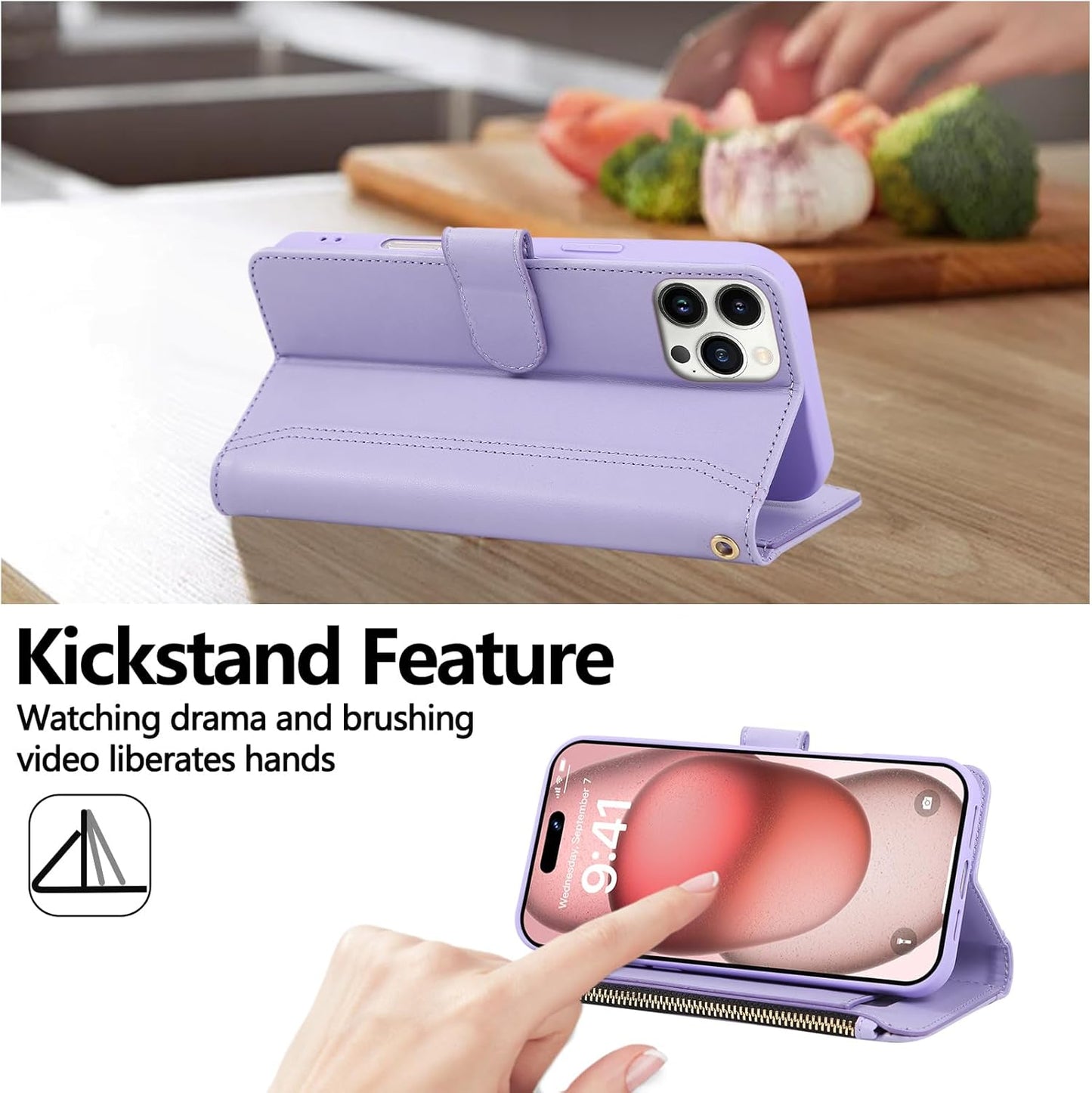 Compatible with iPhone 14 Pro Max Wallet Phone Case-PU Leather Magnetic Flip Cover with Credit Card Slots,Zipper Pocket & Detachable Wrist Strap,Shockproof Design,for Women and Men-Purple