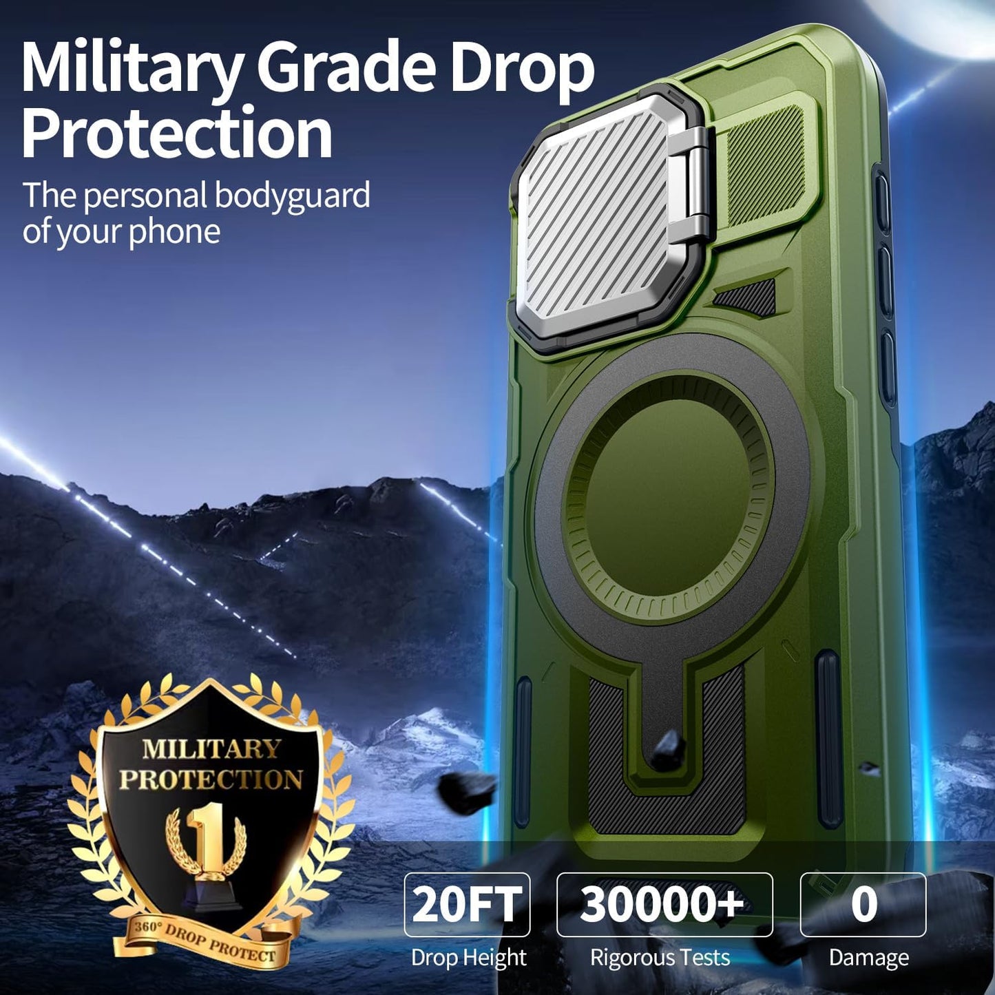 Camera Stand Case for iPhone 15 Pro Max, [Compatible with Mag Safe] [Lens Cover] 2024 Version Military Grade Protective Soft Case for iPhone 15 Pro Max 6.7 inch Men Women, Green