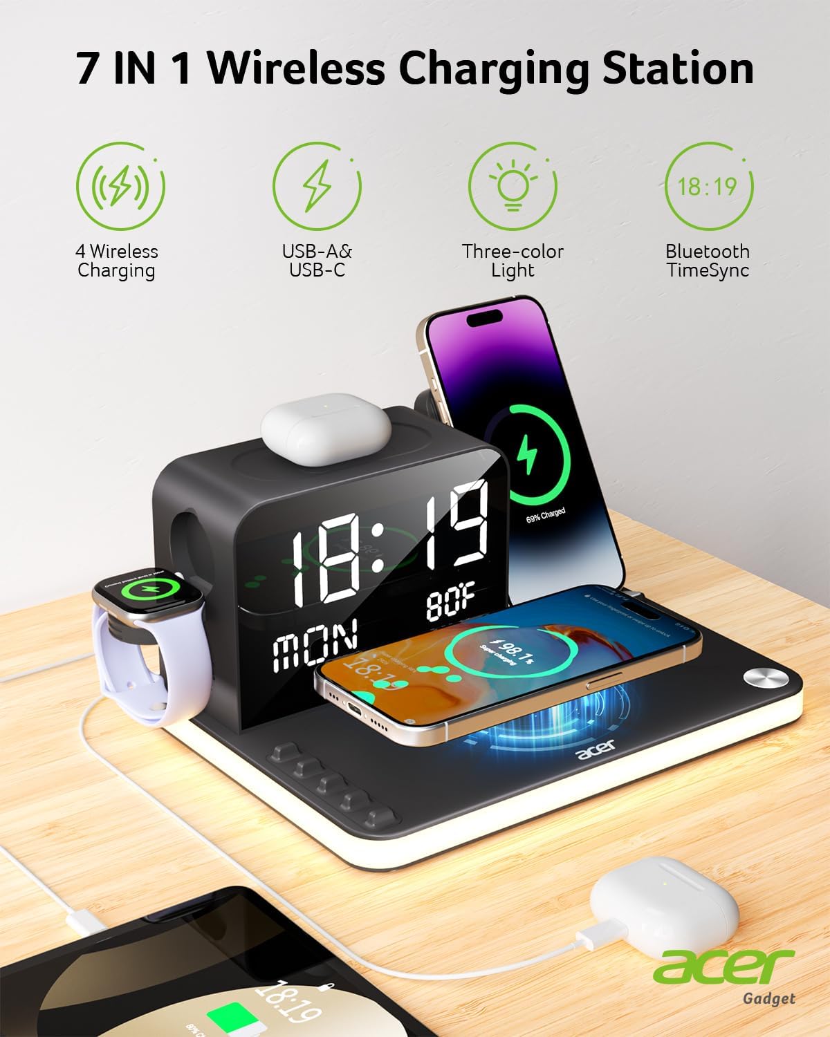 acer 7-in-1 Wireless Charging Station: Charger Stand for Multiple Devices for Apple - iPhone 16 15 14 13 12 Pro Max Apple Watch Airpods, Wireless Charger iPhone Charging Station with Bluetooth TimeSyn