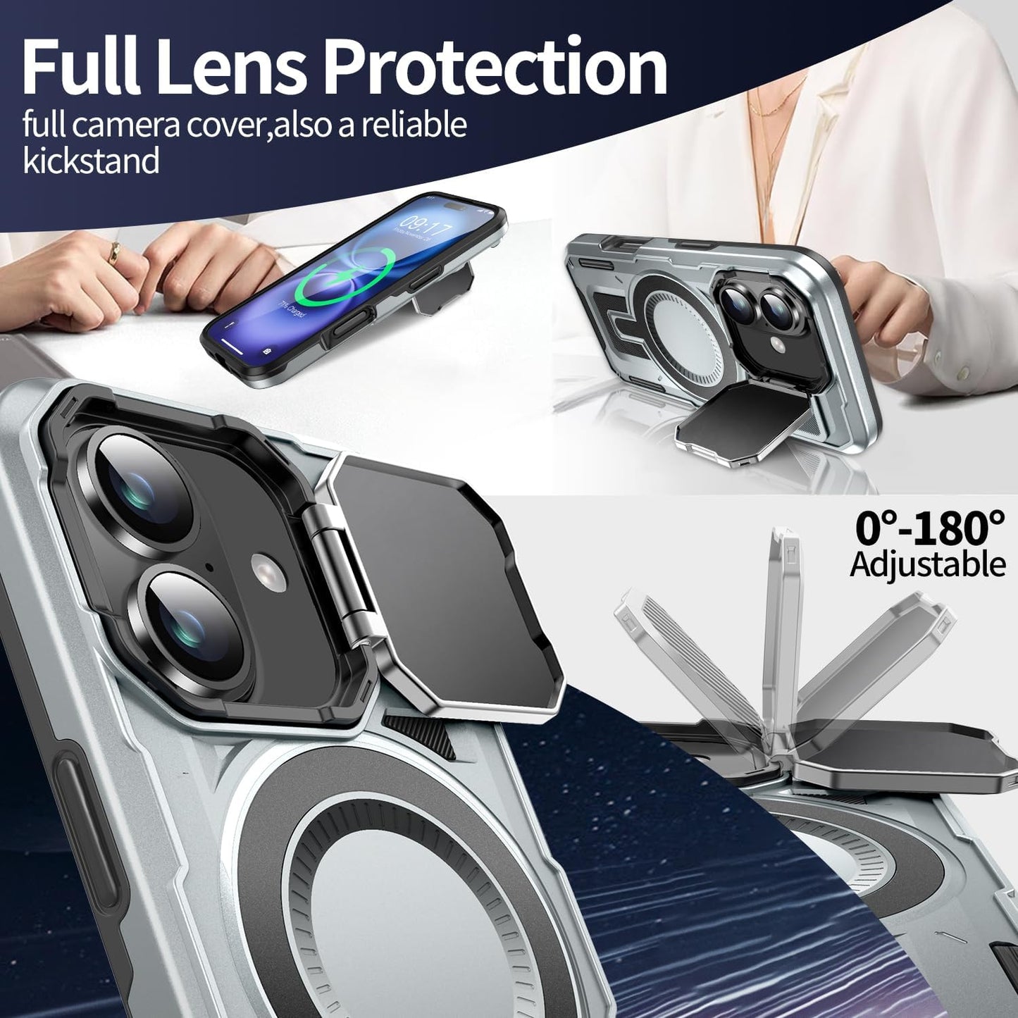Camera Stand Case for iPhone 16, [Compatible with MagSafe] [Lens Cover] 2024 Version Military Grade Protective Soft Case for iPhone 16 6.1 inch Men Women, Grey