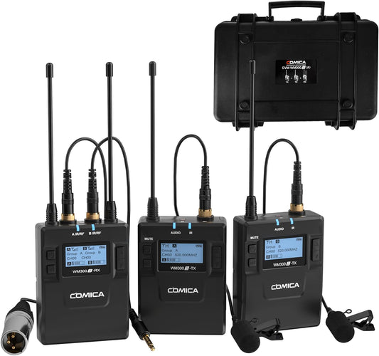 Dual Wireless Lavalier Microphone System,Comica CVM-WM300A UHF 96 Channel Professional Lapel Lav Microphone for DSLR Canon Nikon Sony Camera XLR Camcorder Youtube Interview TV Video Recording(2TX+1RX)