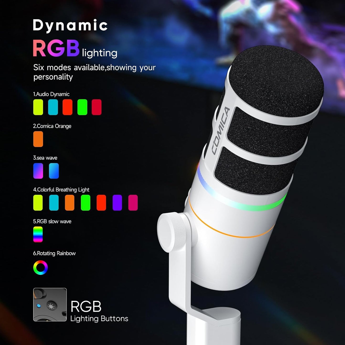 COMICA EJoy D10(A) USB Gaming Microphone – Boom Arm Mic with Noise Cancellation, XLR/USB-C, Real-Time Monitoring, Muting, RGB Professional Studio Mic for Gaming, Streaming, Podcast, Recording (White)