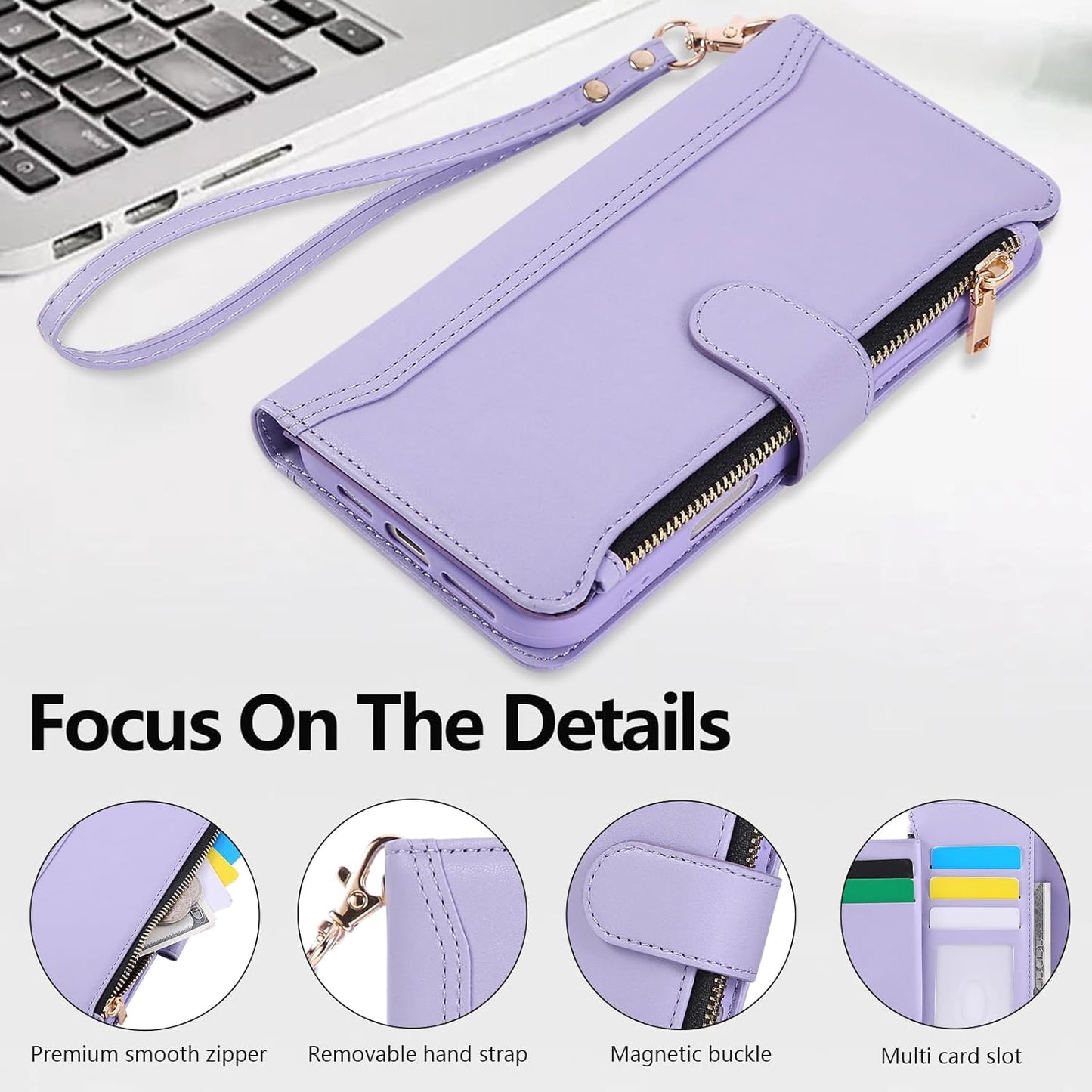 Compatible with iPhone 13 Pro Wallet Phone Case-PU Leather Magnetic Flip Cover with Credit Card Slots,Zipper Pocket & Detachable Wrist Strap,Shockproof Design,for Women and Men-Purple