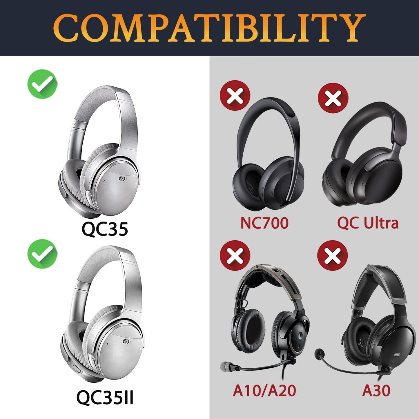 SoloWIT Ear Pads Cushions Replacement, Earpads for Bose QuietComfort 35 (QC35) and Quiet Comfort 35 II (QC35 II) Over-Ear Headphones, Softer Leather, Noise Isolation Foam - PL Silver