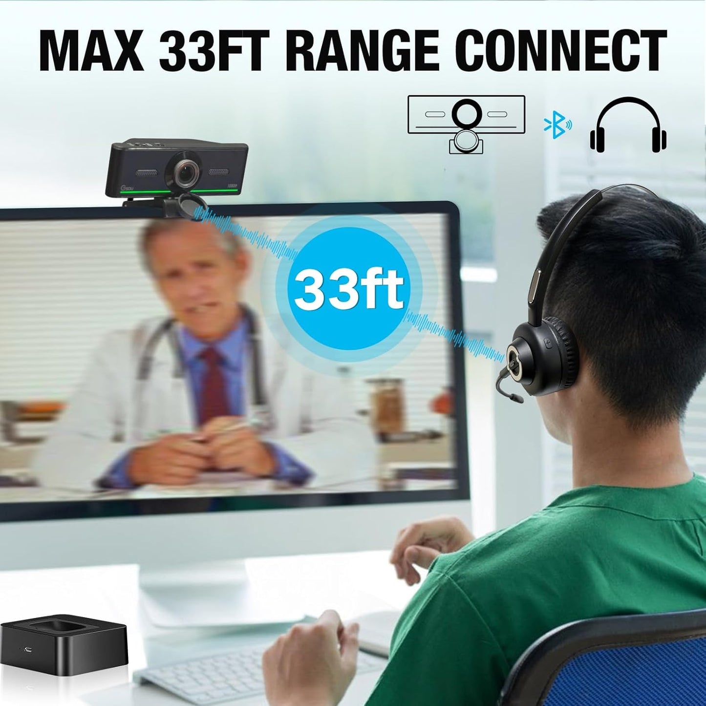 1080P Webcam with Mics, Auto Light Correction, USB Plug&Play, Privacy Cover, Computer Webcam Connect Bluetooth Headset/Earphone/Speaker, Full HD for Business Meetings & Live Streaming