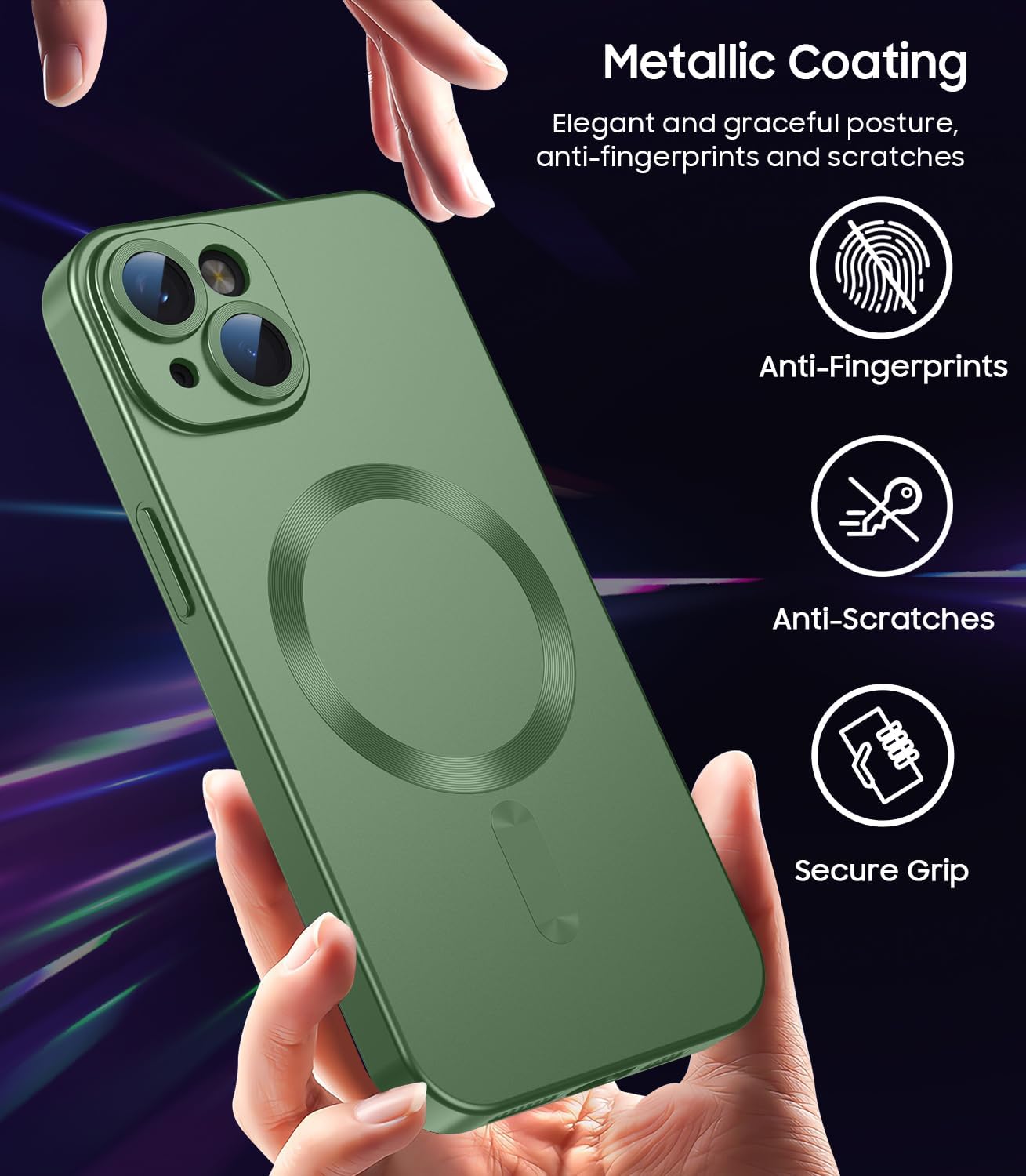 Magnetic for iPhone 15 Case [Compatible with MagSafe][Built-in Camera Lens Protector] Slim Soft Silicone Bumper Shockproof Metallic Shine Phone Case (Green)