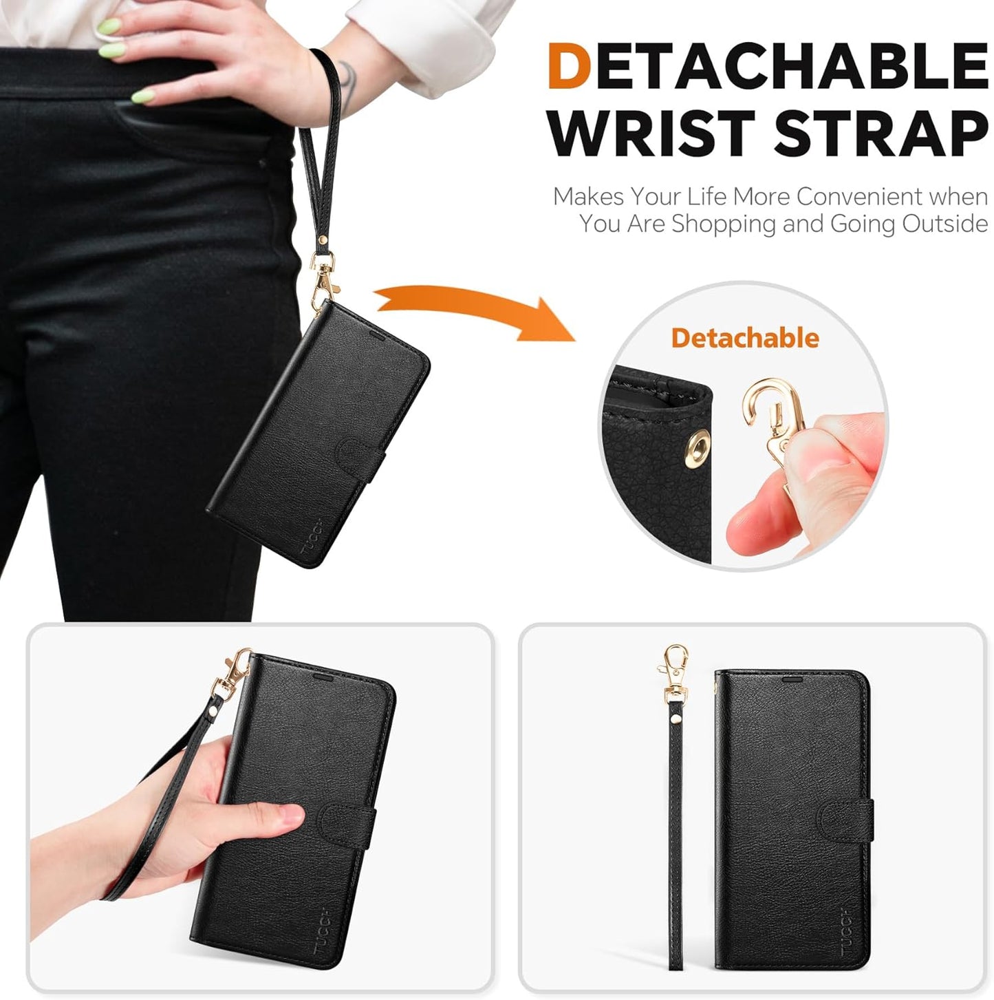 TUCCH Wallet Case for Galaxy S25 Ultra, [Removable] 2 in 1 [Wireless Charging] Wrist Strap RFID Blocking 4 Card Holders Magnetic Detachable Stand PU Leather Cover for Galaxy S25 Ultra, Textured Black