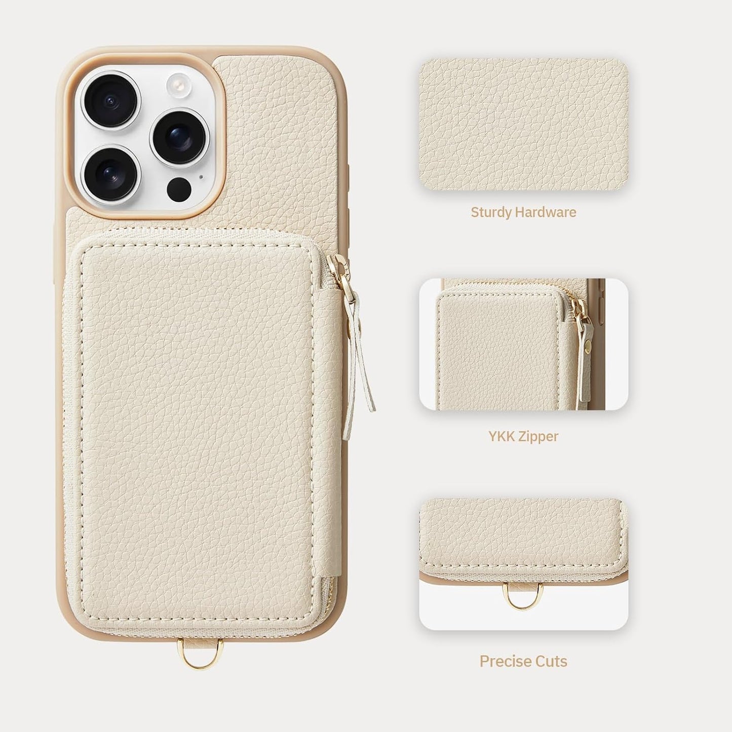 ZVE Wallet Case for iPhone 15 Pro Max, iPhone 15 Pro Max Case Wallet with Card Holder Wrist Strap, RFID Blocking Zipper Leather Cover for Women Gift for iPhone 15 Pro Max, 6.7"(2023) - Beige"