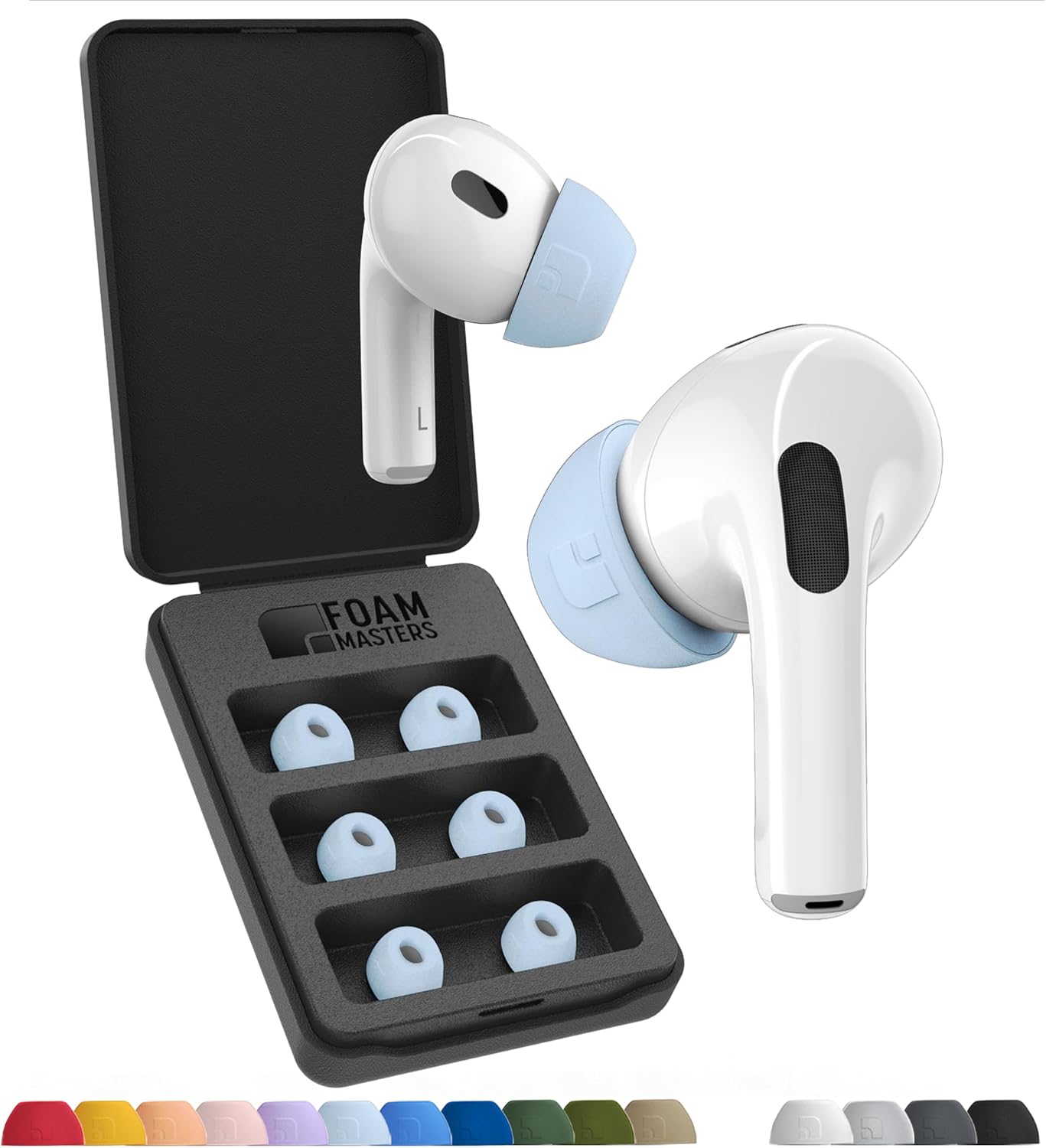 Foam Masters Ultra-Premium Memory Foam Ear Tips for AirPods Pro 1st & 2nd Gen | 3 Pairs | Black Magic Ver 6.0 | Secure | Comfort | Better Noise Cancel | Replacement Buds – Light Blue, Large