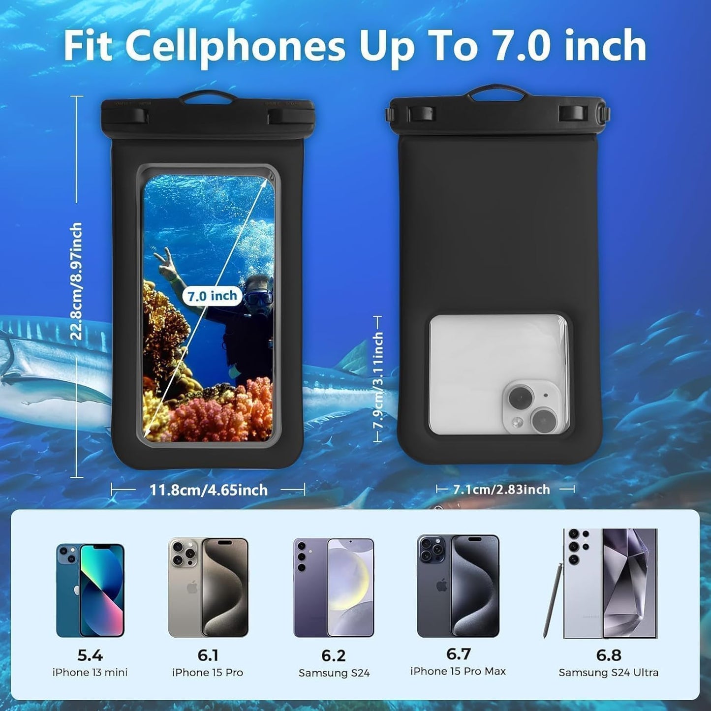 Floatable Waterproof Phone Pouch Case 2 Pax for iPhone 16 Pro Max/15/14/13/12, IP68 Travel Cellphone Dry Bag Beach Cruise Ship Essentials Bags with Crossbody Lanyard,Pink and Black-7″