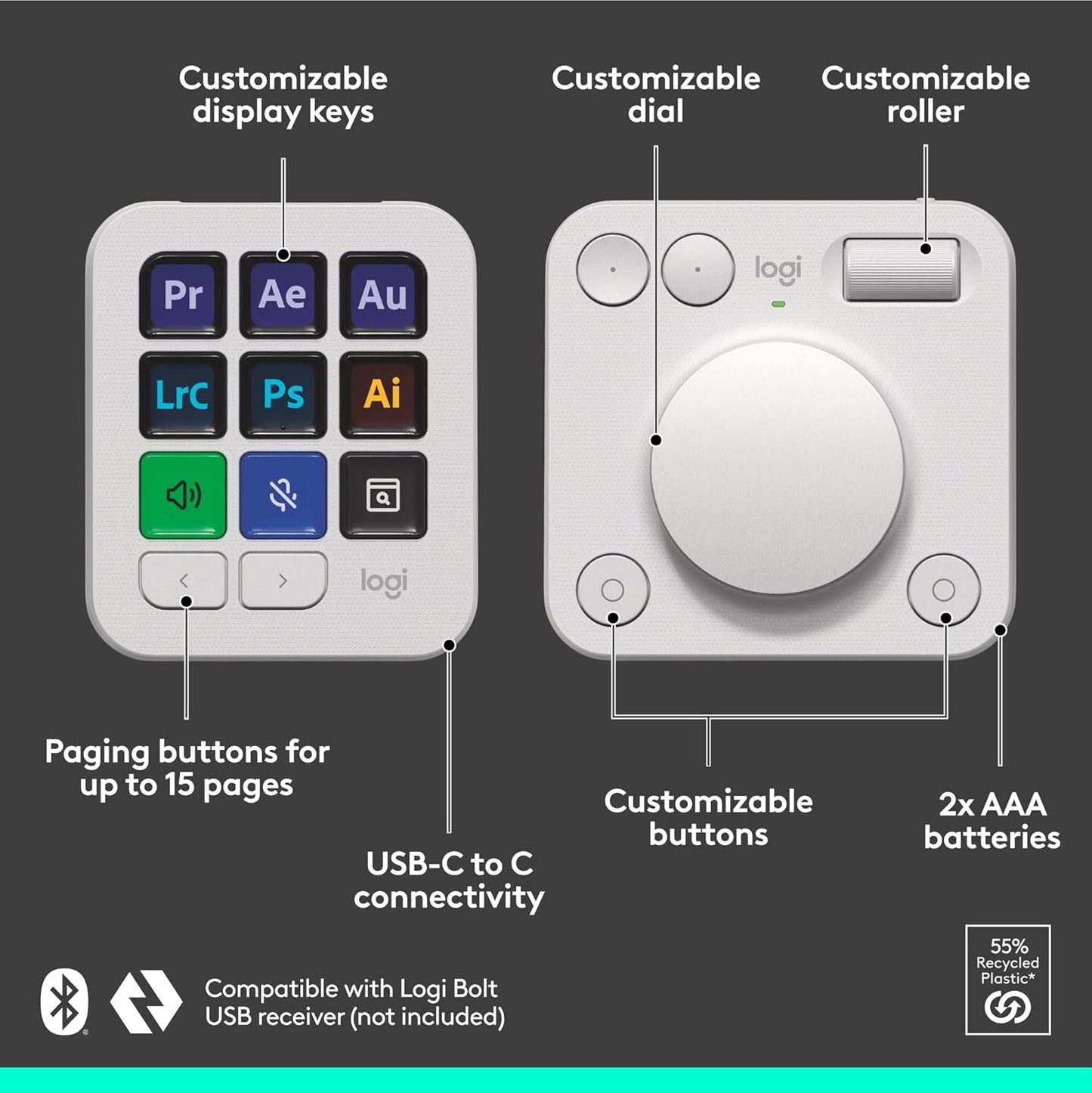 Logitech MX Master 3S Wireless Mouse Standard Edition with Logi Bolt USB Receiver + MX Creative Console: Mouse, Programmable Keys and Dial for Graphic Design, Video Editing, Adobe and More - Pale Grey