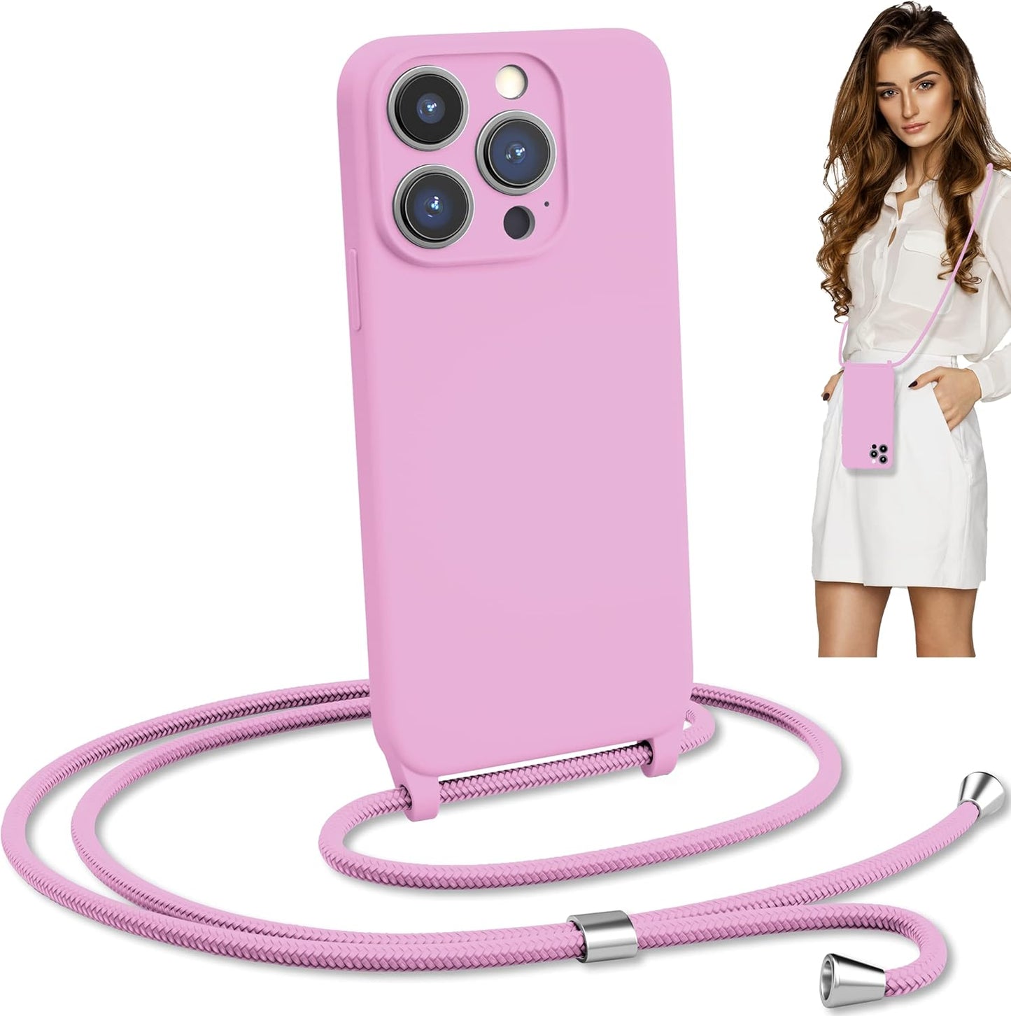 Blaspins Crossbody Lanyard Strap Case for iPhone 14, Neck Cross Body, Adjustable Holder Removable, Drop Protection Shockproof, Hands-Free Silicone Case Cover 6.1 inch, 150 cm Strap, iPhone 14 - Pink