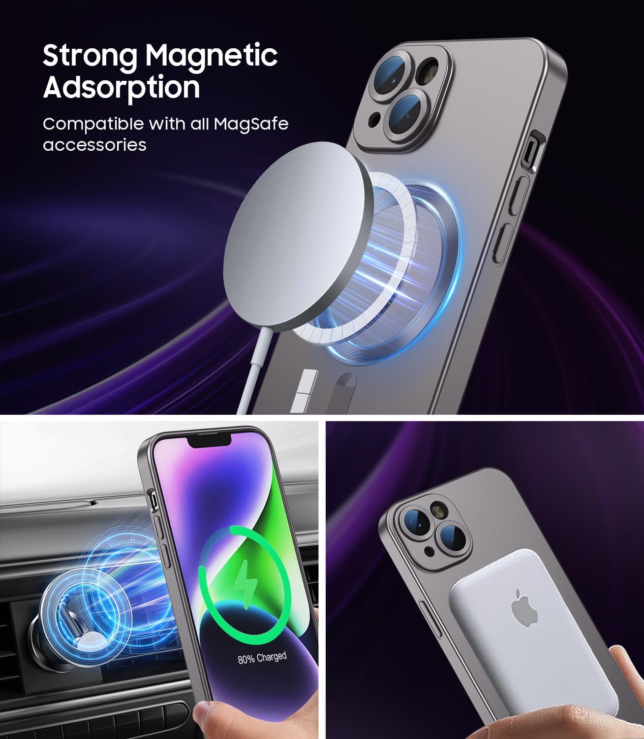 Magnetic for iPhone 14 Case [Compatible with MagSafe][Built-in Camera Lens Protector] Slim Soft Silicone Bumper Shockproof Metallic Luster Phone Case (Gray)