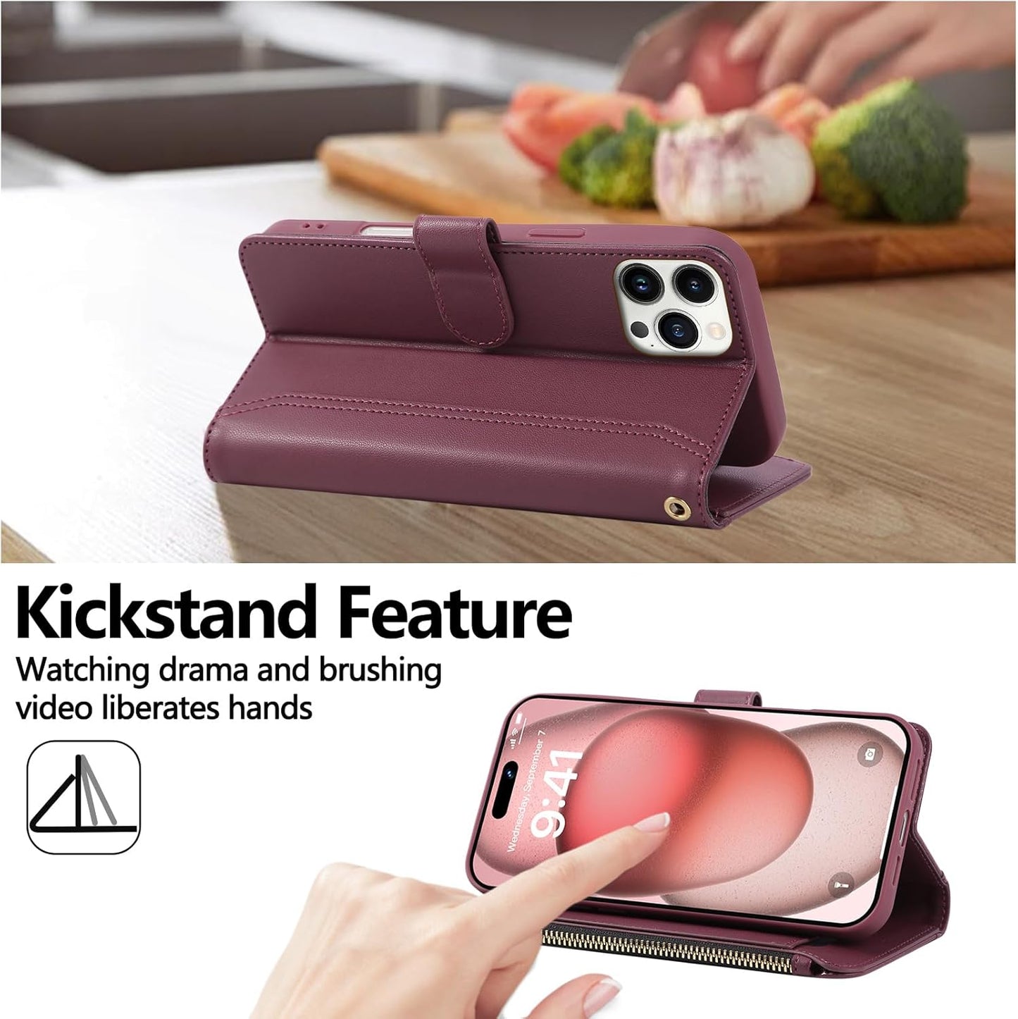 Compatible with iPhone 15 Pro Max Wallet Phone Case-PU Leather Magnetic Flip Cover with Credit Card Slots,Zipper Pocket & Detachable Wrist Strap,Shockproof Design,for Women and Men-Claret