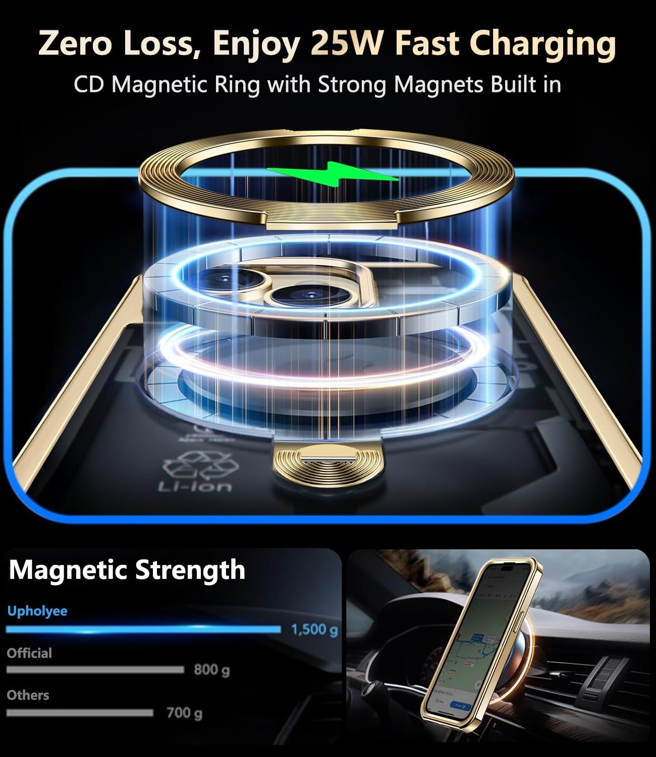 [360° Rotatable CD Stand & Built-in Privacy Screen Magnetic Case for iPhone 15 [Compatible with MagSafe & Full Signal] Mil-Grade Shockproof Full Body Anti-Spy Cover for 15-Gold