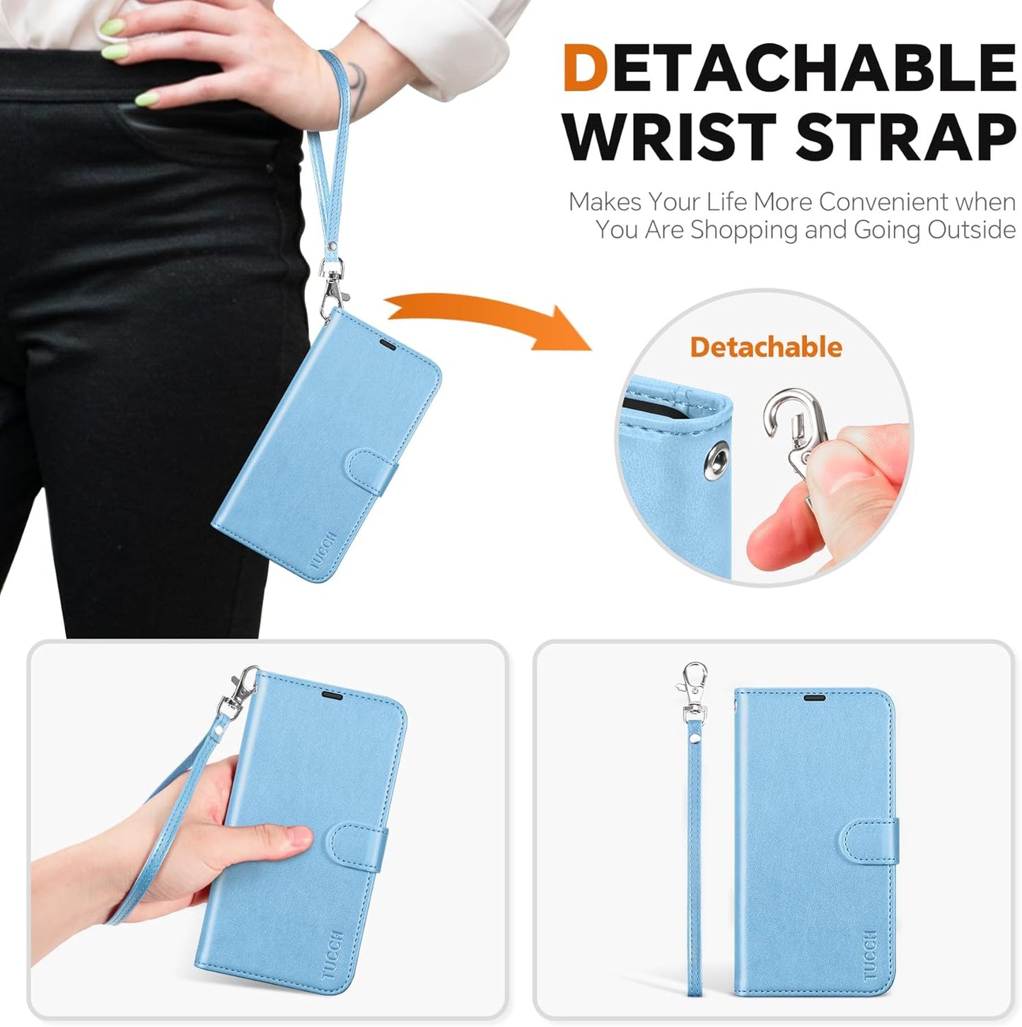 TUCCH Case Wallet for Galaxy S25 Plus, Removable [2 in 1] [Wireless Charging] Wrist Strap PU Leather Magnetic Stand RFID Blocking [4 Card Slot] Detachable Folio for Galaxy S25 Plus, Pearly Light Blue