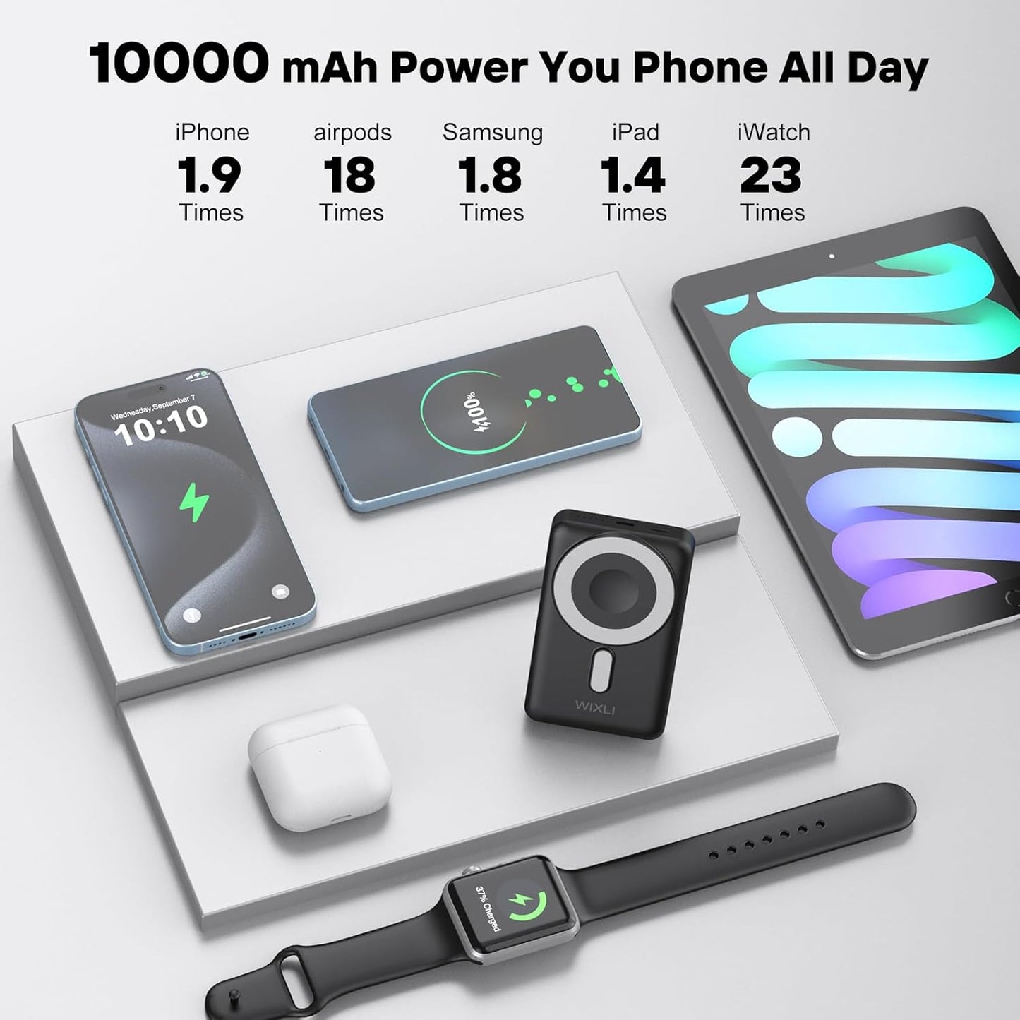 Wireless Portable Charger, 3-in-1 Magnetic Power Bank 10000mAh with USB-C and iOS Cable and Stand, 22.5W Fast Charging Battery Pack, Compatible with iPhone 16/15/14/13/12/Pro/Mini/Pro Max