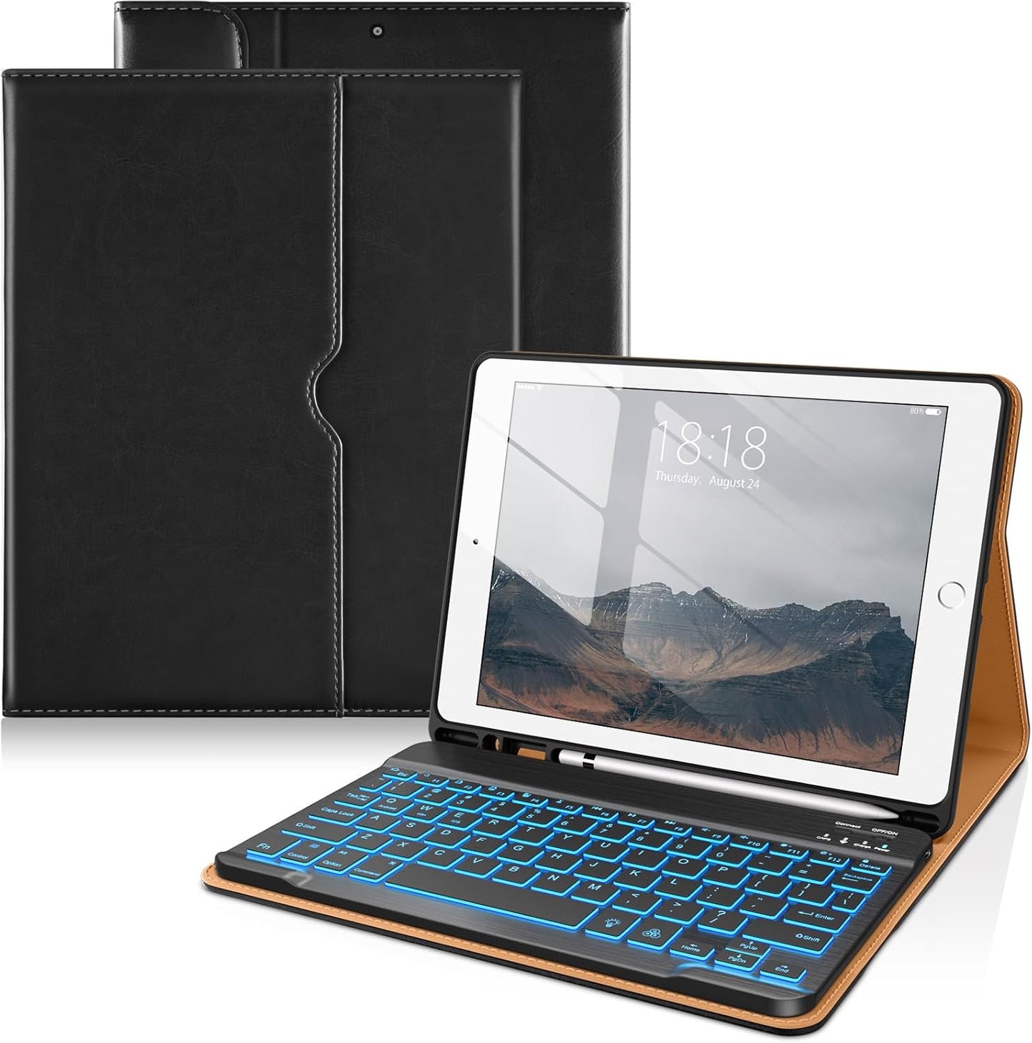 DTTO for iPad 9th/8th/7th Generation 10.2" Case 2021/2020/2019 with Keyboard, 7 Colors Backlit Wireless Detachable Keyboard Premium Leather Folio Cover with Pencil Holder & Pocket, Black