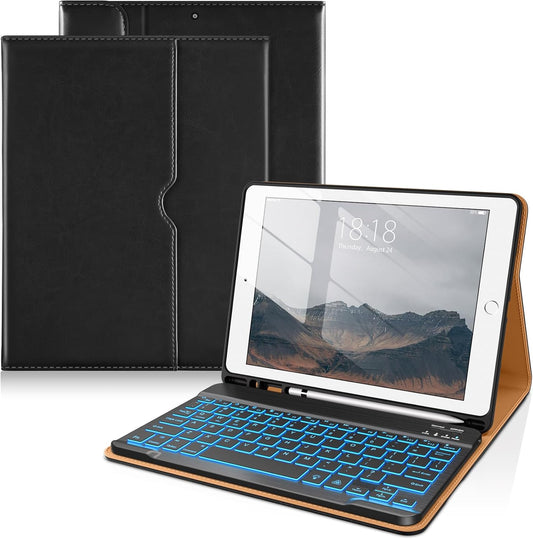DTTO for iPad 9th/8th/7th Generation 10.2" Case 2021/2020/2019 with Keyboard, 7 Colors Backlit Wireless Detachable Keyboard Premium Leather Folio Cover with Pencil Holder & Pocket, Black