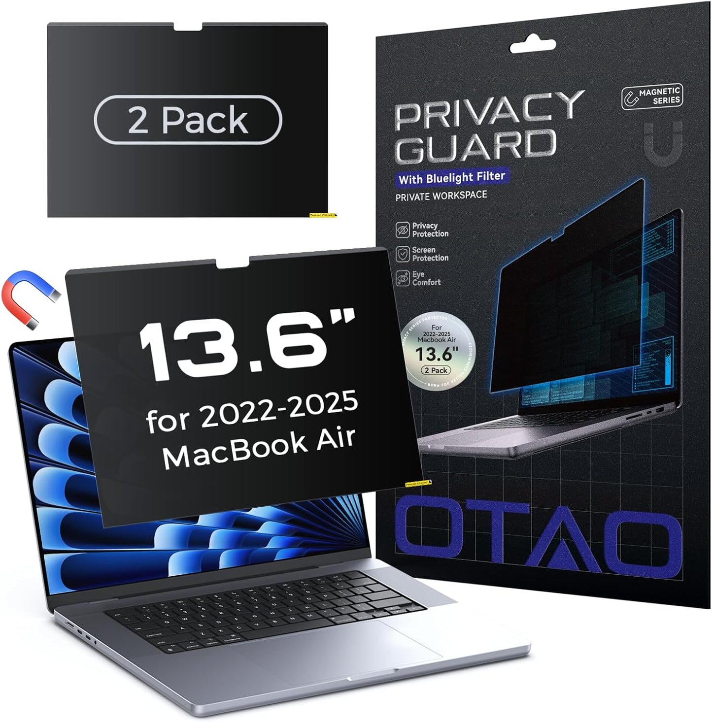 (2 Pack) Magnetic Privacy Screen for MacBook Air 13 & 13.6 Inch (2022-2025 M2/M3/M4), Removable Washable Reusable Matte Anti Glare Blue Light Protector Private Security Filter for 13.6" Mac Laptop"