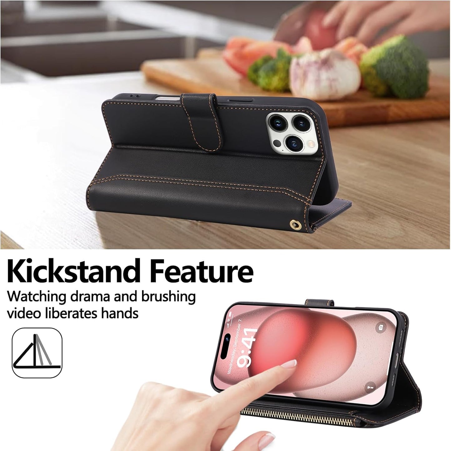 Compatible with iPhone 16 Pro Wallet Phone Case-PU Leather Magnetic Flip Cover with Credit Card Slots,Zipper Pocket & Detachable Wrist Strap,Shockproof Design,for Women and Men-Black