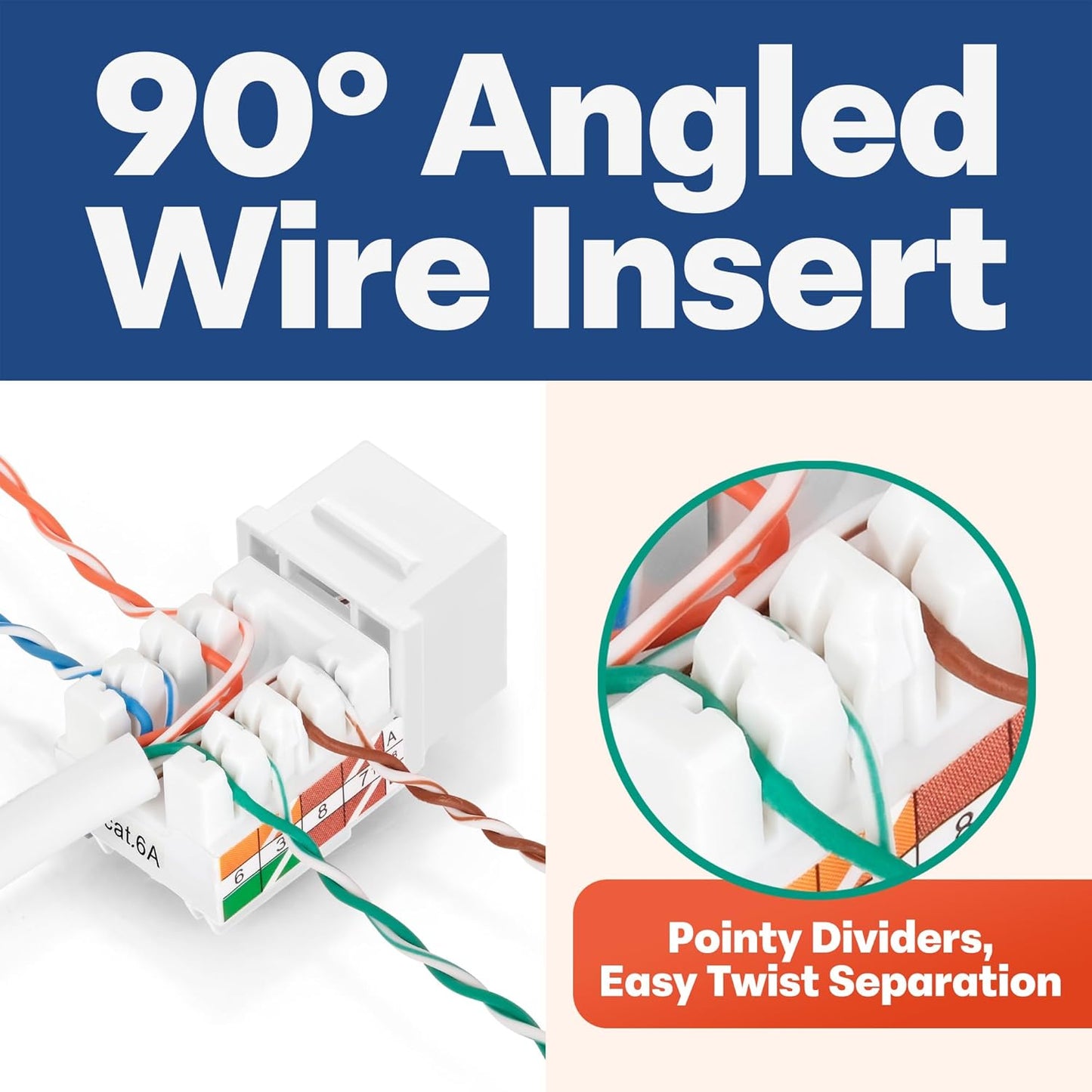 Everest 90° Angled RJ45 Cat6A Keystone Jacks 50-Pack in White - Slim Profile Female RJ45 Connectors - Cat 6A Keystone Jack - Compatible with 90° Angled Speed Termination Tool - easyJACK (B094WB91H3)