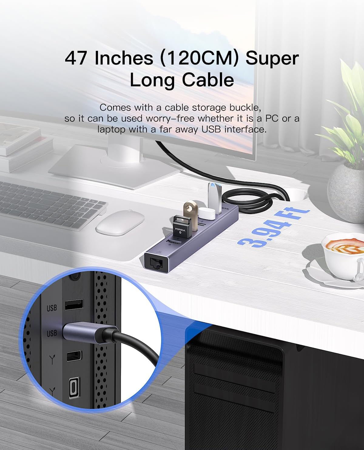 7 Port USB Hub USB Ethernet HUB with 3.9ft Long Cable for Laptop, USB Splitter with Gigabit Ethernet Port and 5V/3A Power Port, MultiPort Aluminum Expander for Laptop, iMac, PC, Flash Drives