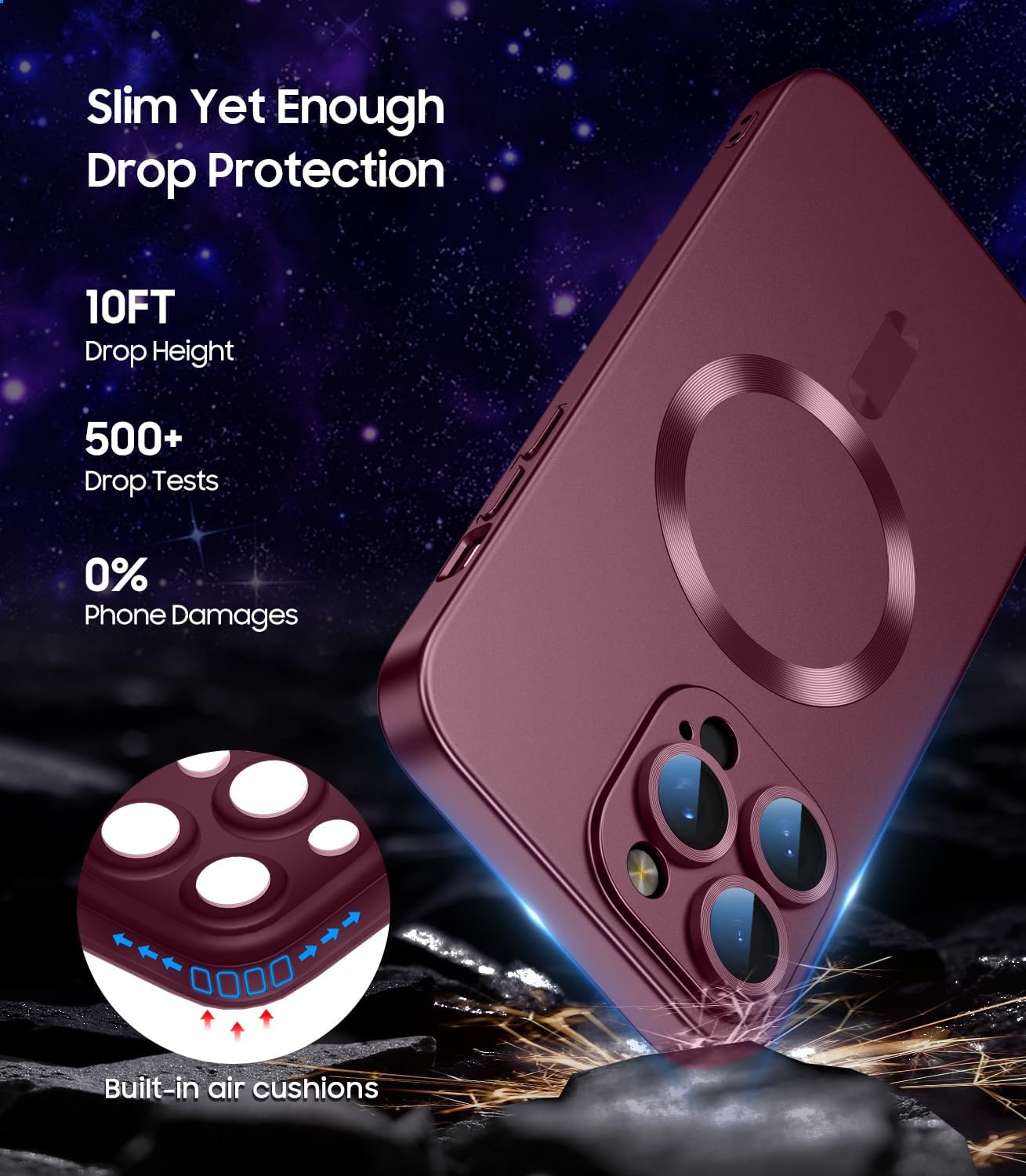 Magnetic for iPhone 15 Pro Case [Compatible with MagSafe][Built-in Camera Lens Protector] Slim Soft Silicone Bumper Shockproof Metallic Shine Phone Case (Burgundy)