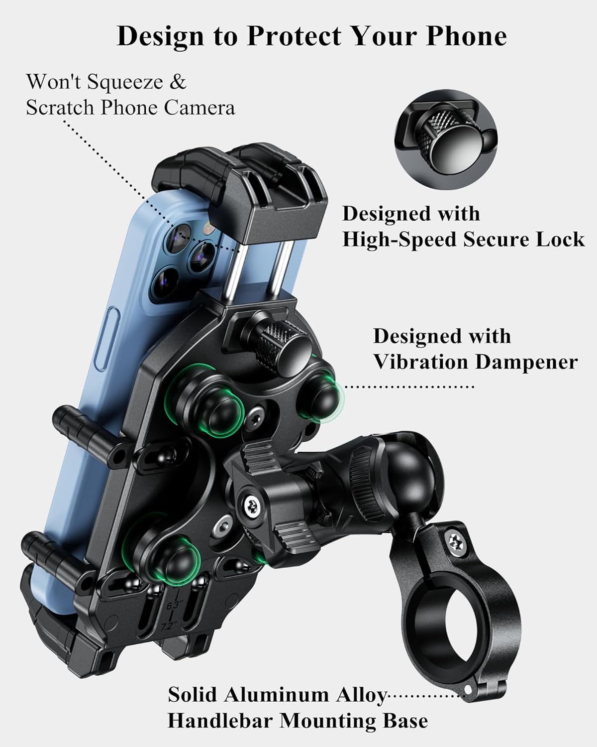 BRCOVAN Motorcycle Phone Mount Holder with Vibration Dampener & High-Speed Secure Lock, Anti-Theft Handlebar Cellphone Cradle for Bike Bicycle Scooter ATV, Adjustable Size, Fit 5.4-7.2'' Smartphone