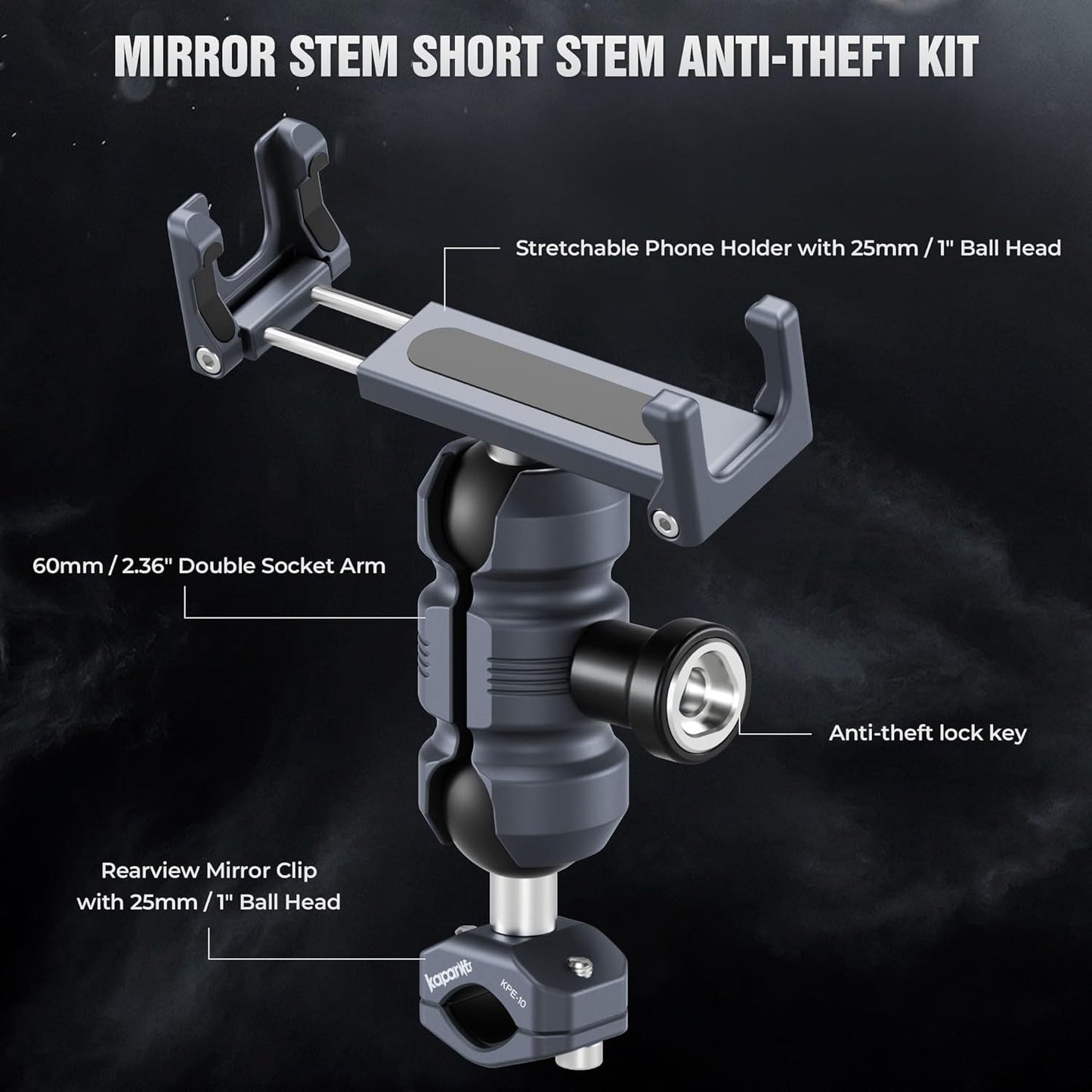 Anti-Theft Motorcycle Phone Mount, Aluminum Dual Socket Arm and U-Bolt Base for Bicycles/ATVs/Snowmobiles, Installed on 0.4-0.6" Mirror Bars (KPS-03)"