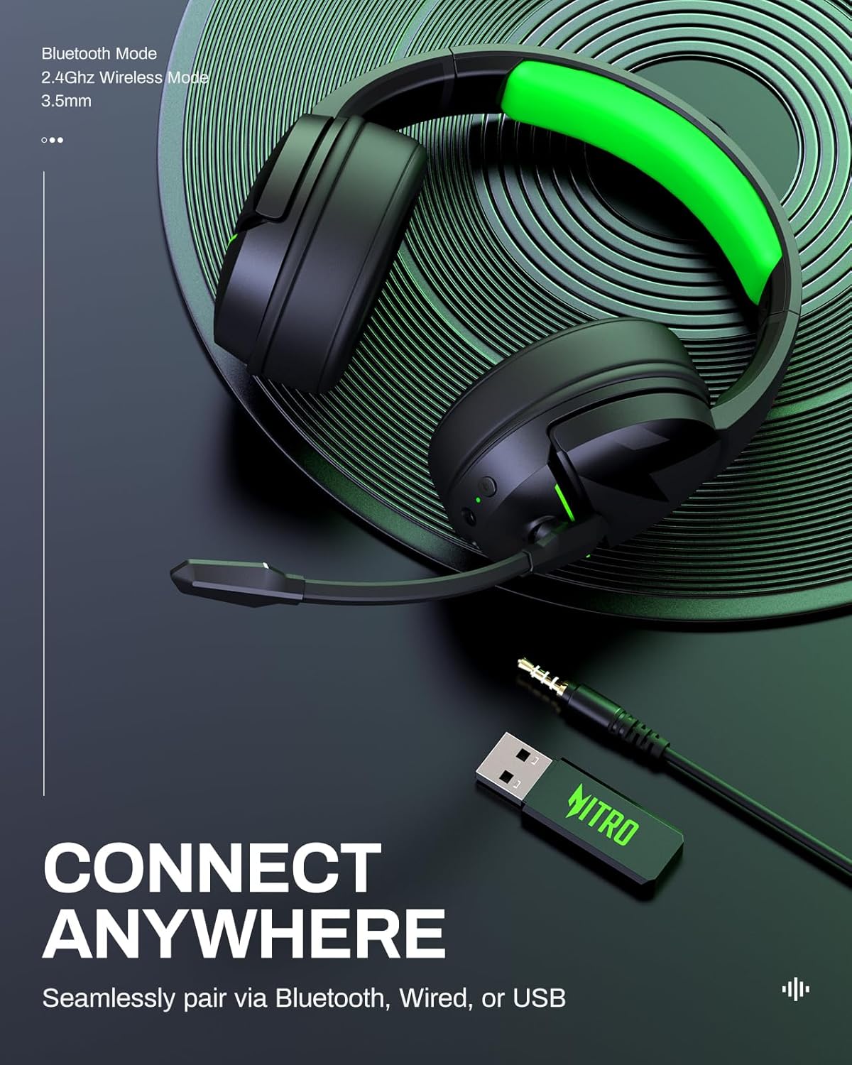 acer Wireless Gaming Headset, PS5 Headset with 2.4GHz for Ps5, Ps4, PC, Switch, Bluetooth 5.3 + 100Hrs Gaming Headphones with Noise Canceling Mic for Laptop, Mobile, Mac, 50mm Drivers (Green)