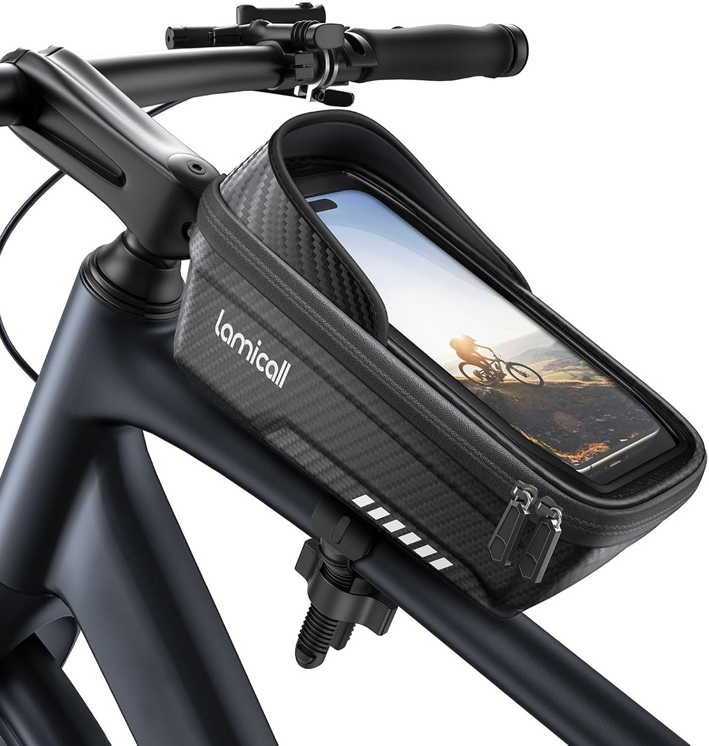 Lamicall Bike Frame Bag Waterproof - [1s Release] [2 in 1] Bike Phone Bag, Bike Phone Holder Mount, Bicycle Top Tube Bag, Cycling Pouch with Rain Cover, Bike Accessories for Phones Under 7""