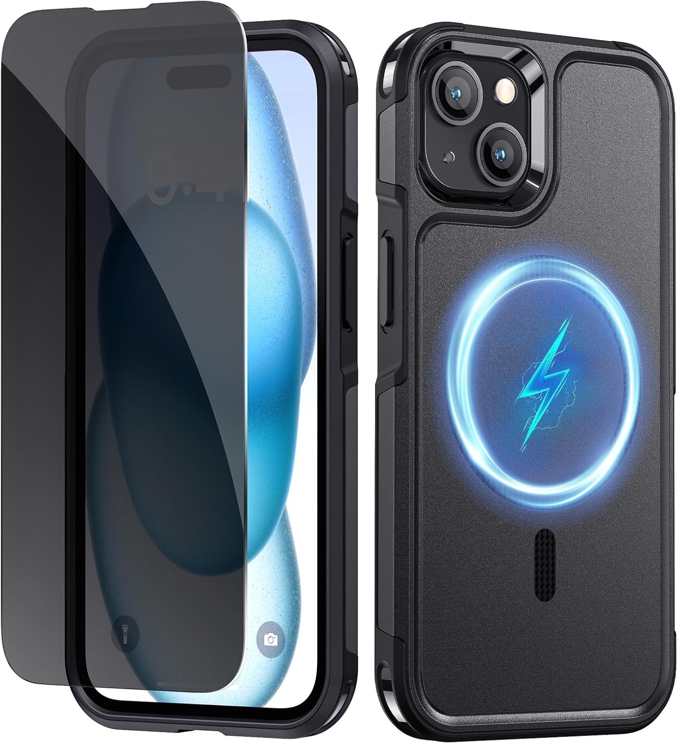 Lanhiem Magnetic for iPhone 15 Case with Privacy Screen Protector, 10 FT Military Grade Shockproof Heavy Duty Case Protective Phone Cover Compatible with MagSafe for iPhone 15 (Black)