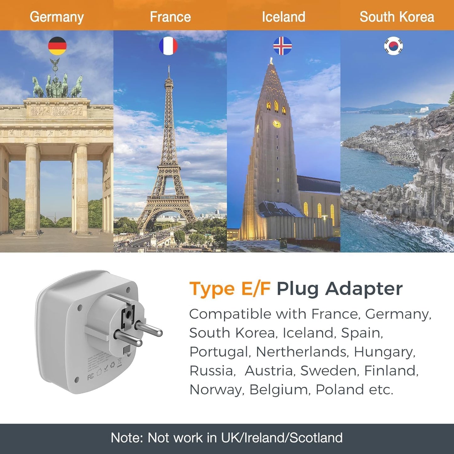 TESSAN Germany France Power Adapter, Schuko Type E/F Plug Adaptor with 2 USB Ports 2 AC Outlets, US to Europe German Frence Spain Iceland Russia Greece Korea Electrical Charger(2 Pack)