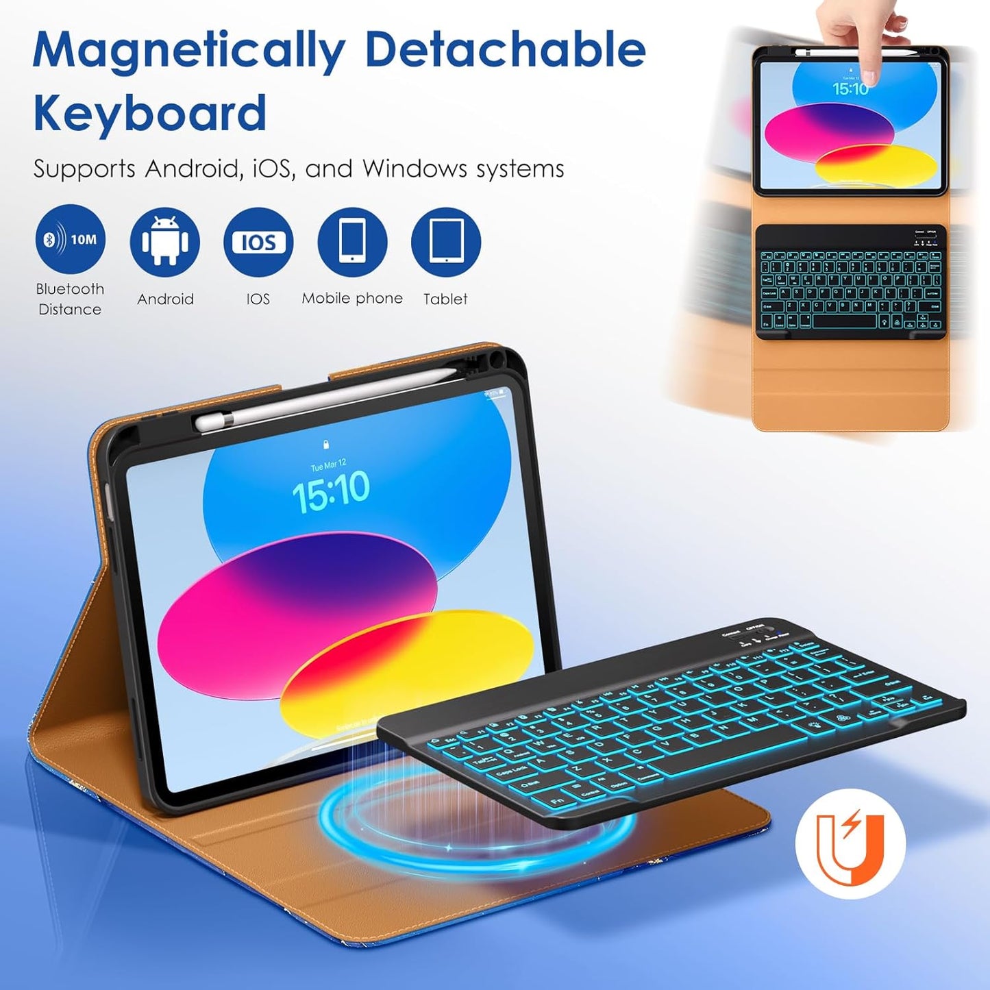 DTTO for iPad 11th (A16)/ 10th Generation Case with Keyboard (2025/2022), 7 Colors Backlit Wireless Detachable Keyboard Leather Folio Cover with Pencil Holder & Pocket, Sea Marble