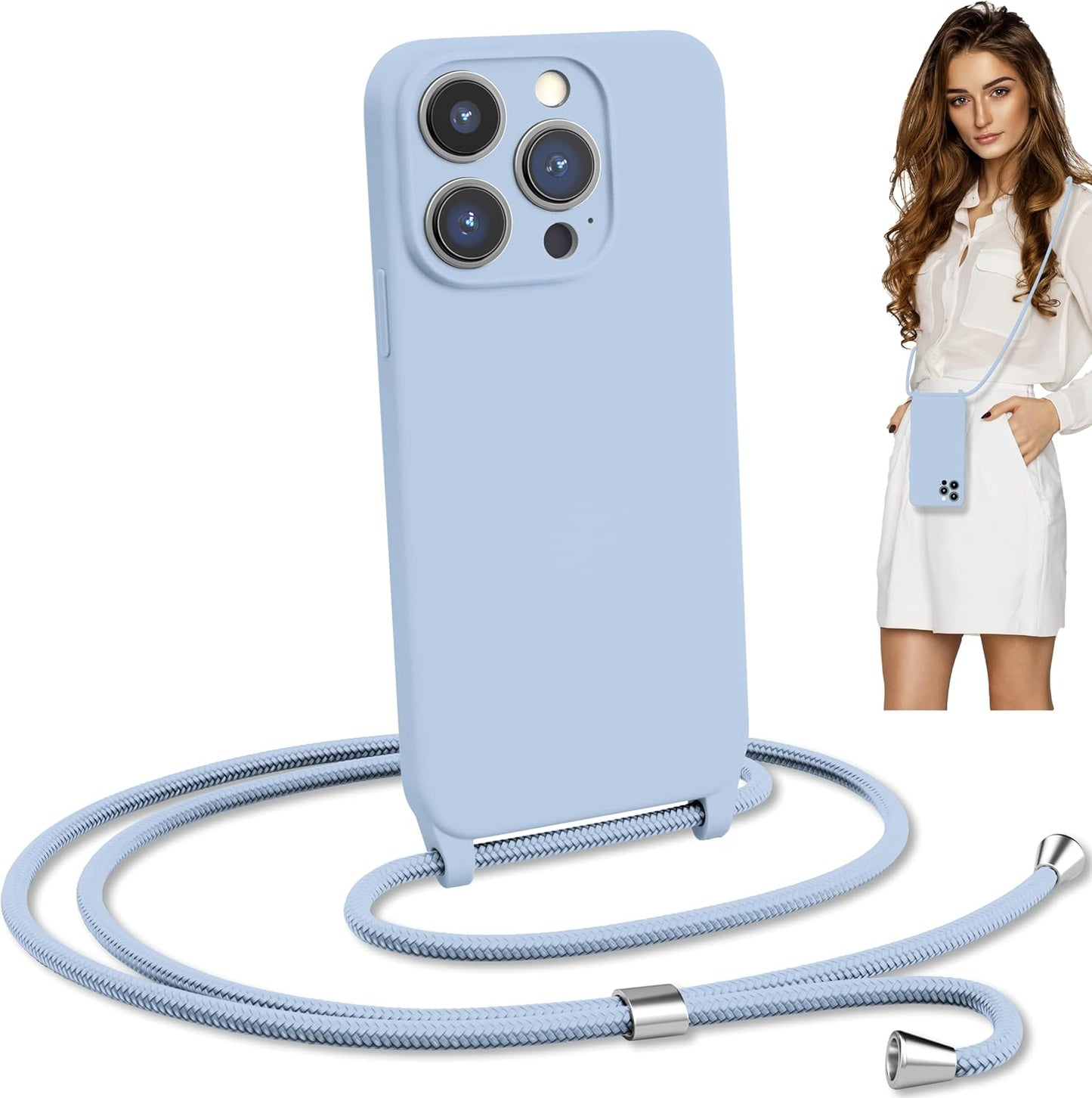Blaspins Crossbody Lanyard Strap Case for iPhone 13, Neck Cross Body, Adjustable Holder Removable, Drop Protection Shockproof, Hands-Free Silicone Case Cover 6.1 inch, 150 cm Strap, iP13 - Blue