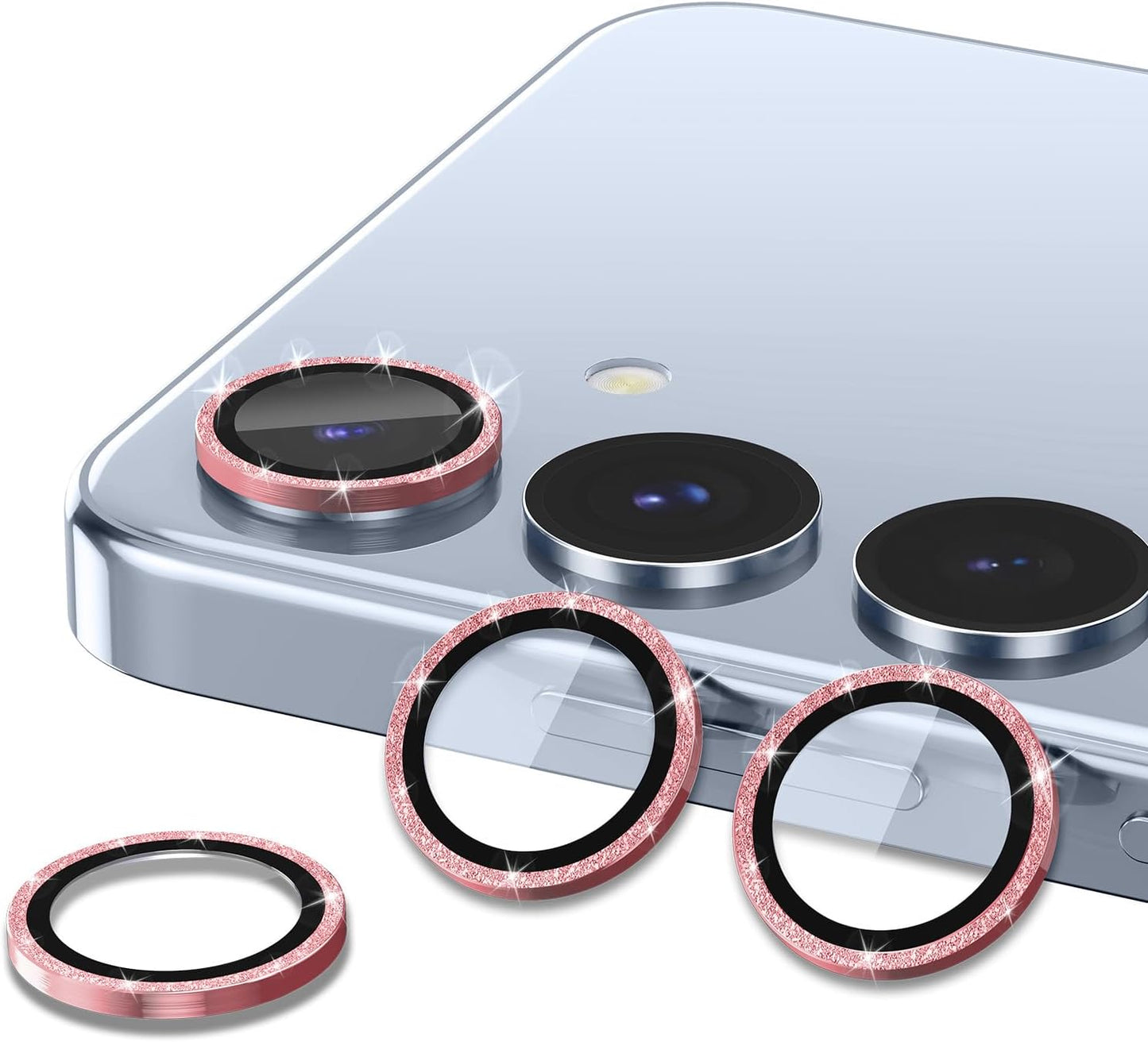 for Samsung Galaxy S25 Plus Camera Lens Protector, Individual Metal Ring Tempered Glass Lens Cover, [Strong Adsorption] Scratch Resistant Ultra-Thin HD Clear Lens Cover, 1 Set-Pink Sparkly