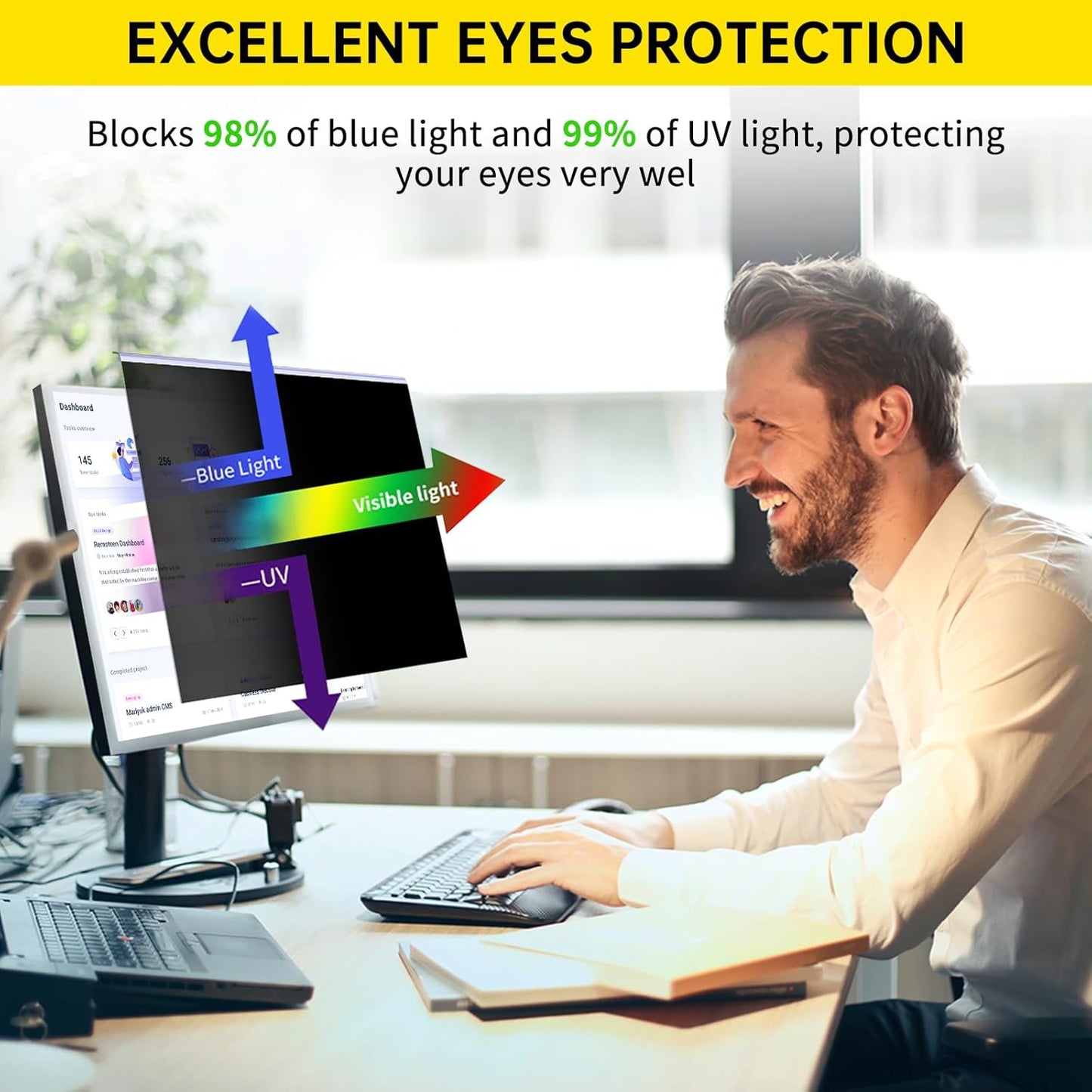 22 Inch Computer Privacy Screen for 16:10 Computer Monitor, Anti-Blue Light Monitor Privacy Screen Filter, Anti-UV Computer Screen Privacy Shield, Hanging Type