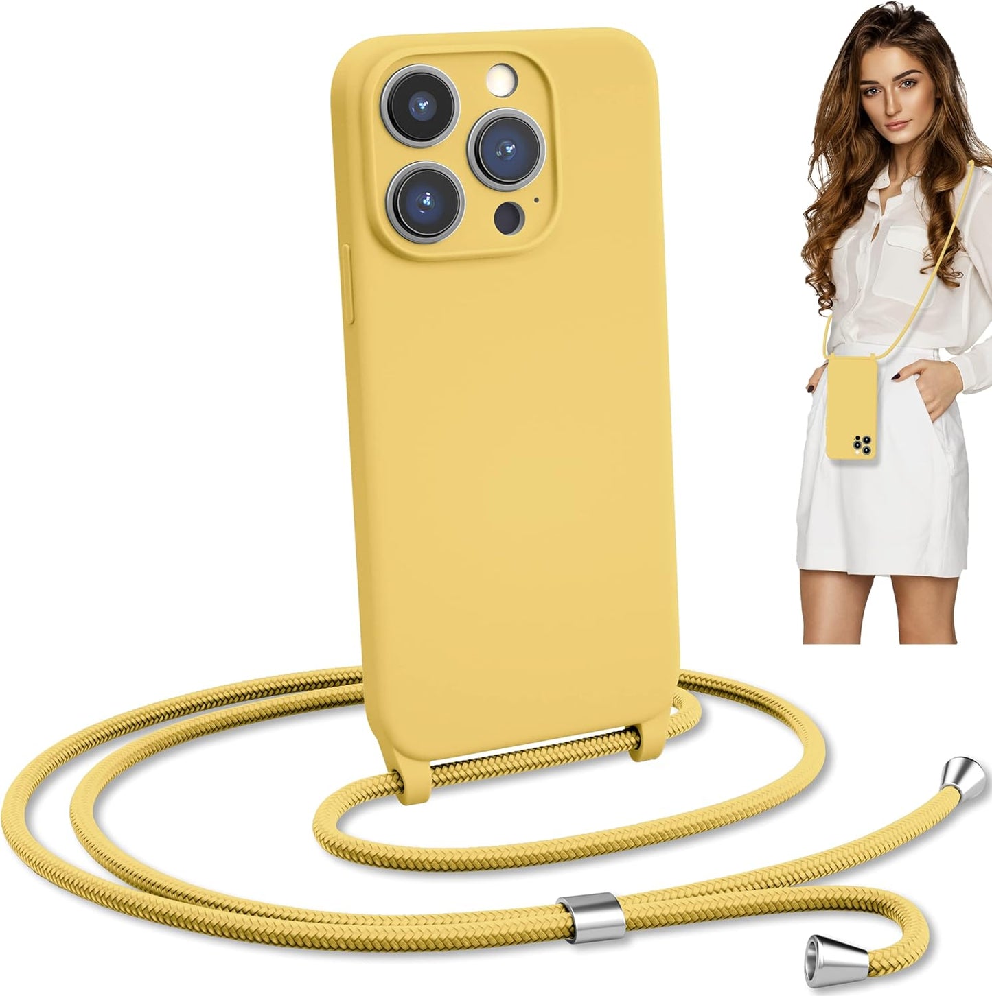Blaspins Crossbody Lanyard Strap Case for iPhone 14, Neck Cross Body, Adjustable Holder Removable, Drop Protection Shockproof, Hands-Free Silicone Case Cover 6.1 inch, 150 cm Strap, iP14 - Yellow